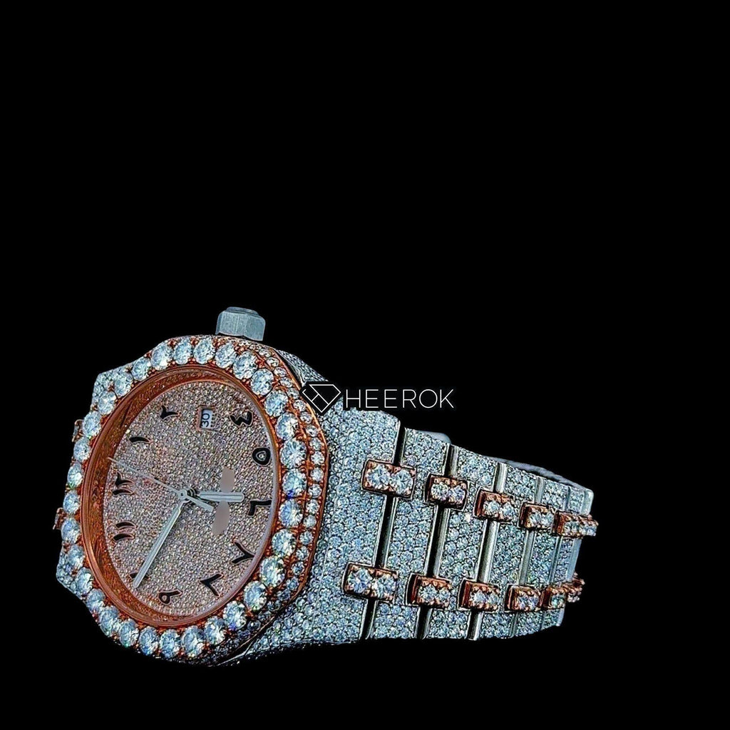 AP Royal Oak Rose Gold Dial Arabic Numerals Diamond Bezel Two Tone Rose Gold Moissanite Diamond Bracelet