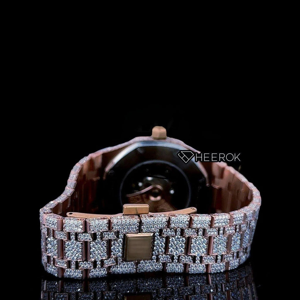 AP Royal Oak Rose Gold Dial Black Stick Markers Diamond Bezel Rose Gold Moissanite Diamond Bracelet