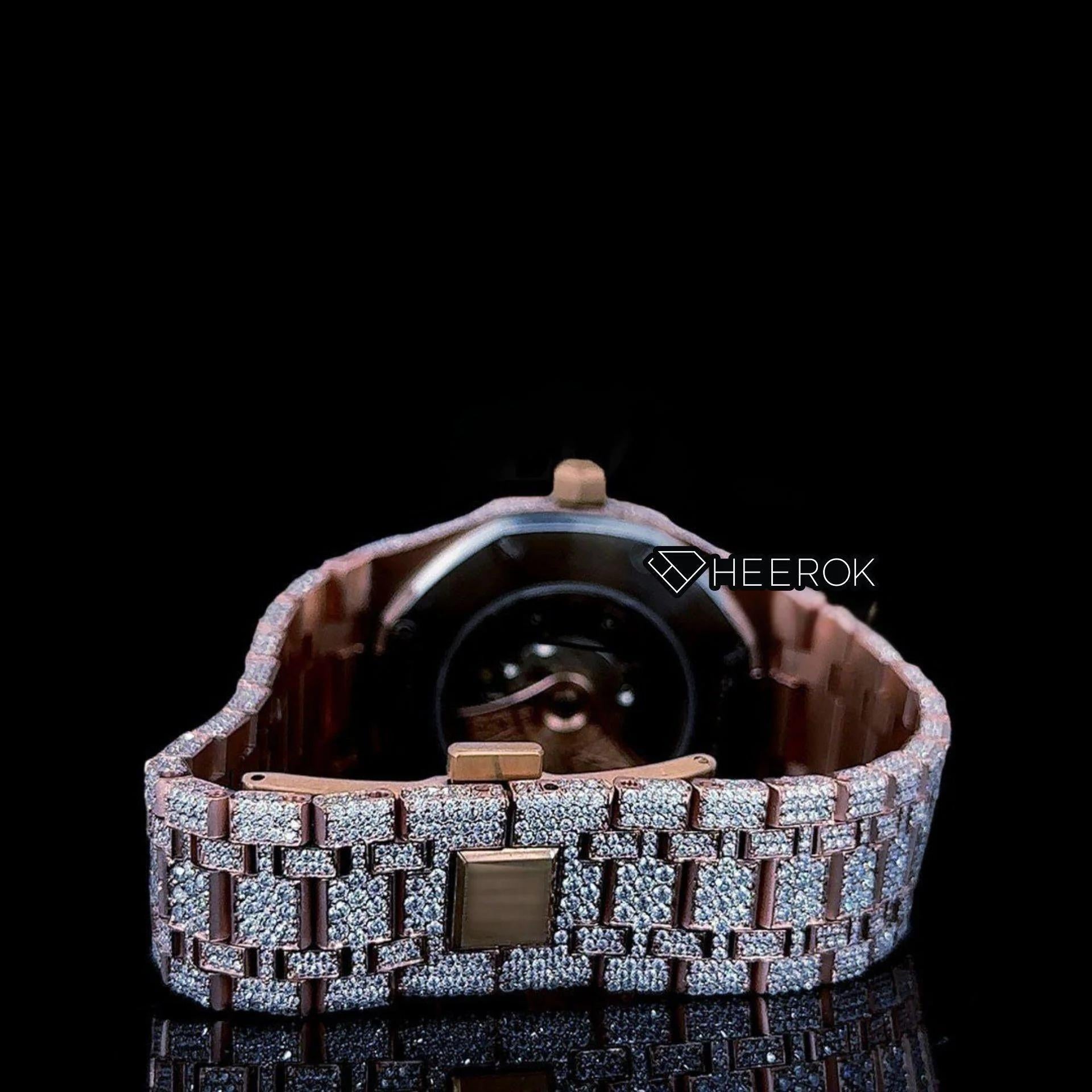 AP Royal Oak Rose Gold Dial Black Stick Markers Diamond Bezel Rose Gold Moissanite Diamond Bracelet