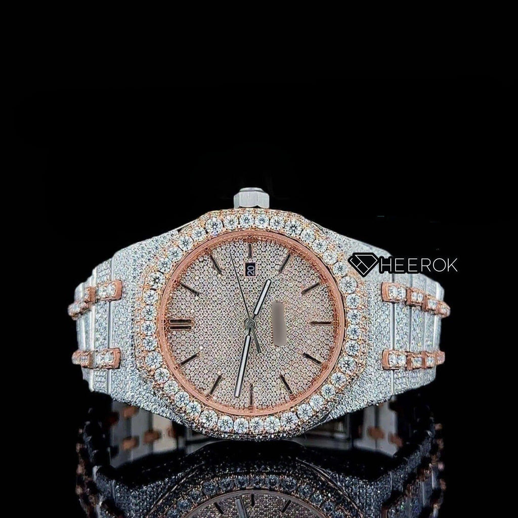 AP Royal Oak Rose Gold Dial Black Stick Markers Diamond Bezel Two Tone Rose Gold Moissanite Diamond Bracelet For Women
