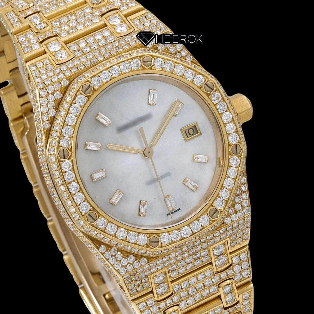 AP Royal Oak White Dial Baguette Diamond Markers Diamond Bezel Fully Iced Yellow Gold Moissanite Watch For Women
