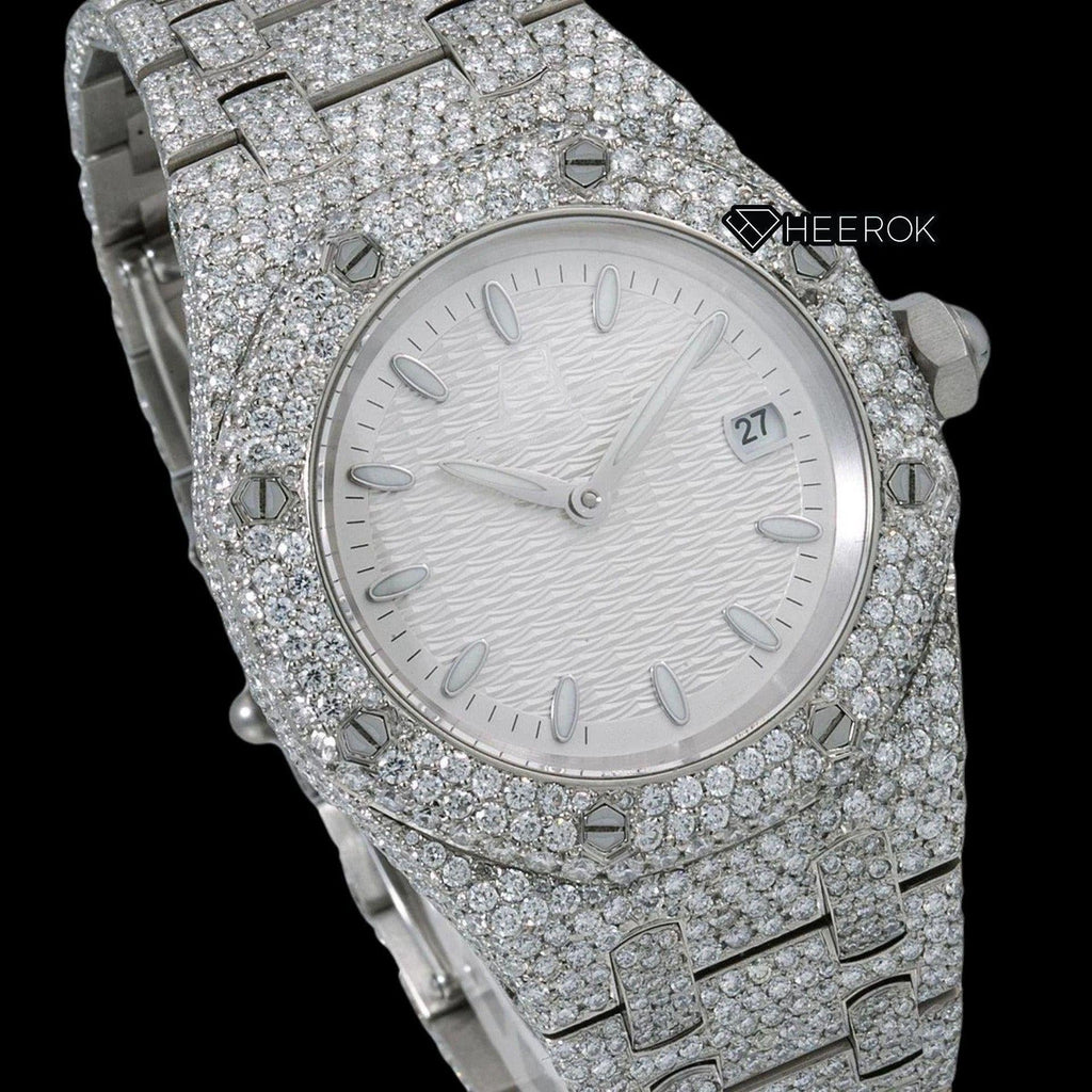 AP Royal Oak White Dial Oval Markers Diamond Bezel Fully Iced Moissanite Diamond Watch For Women