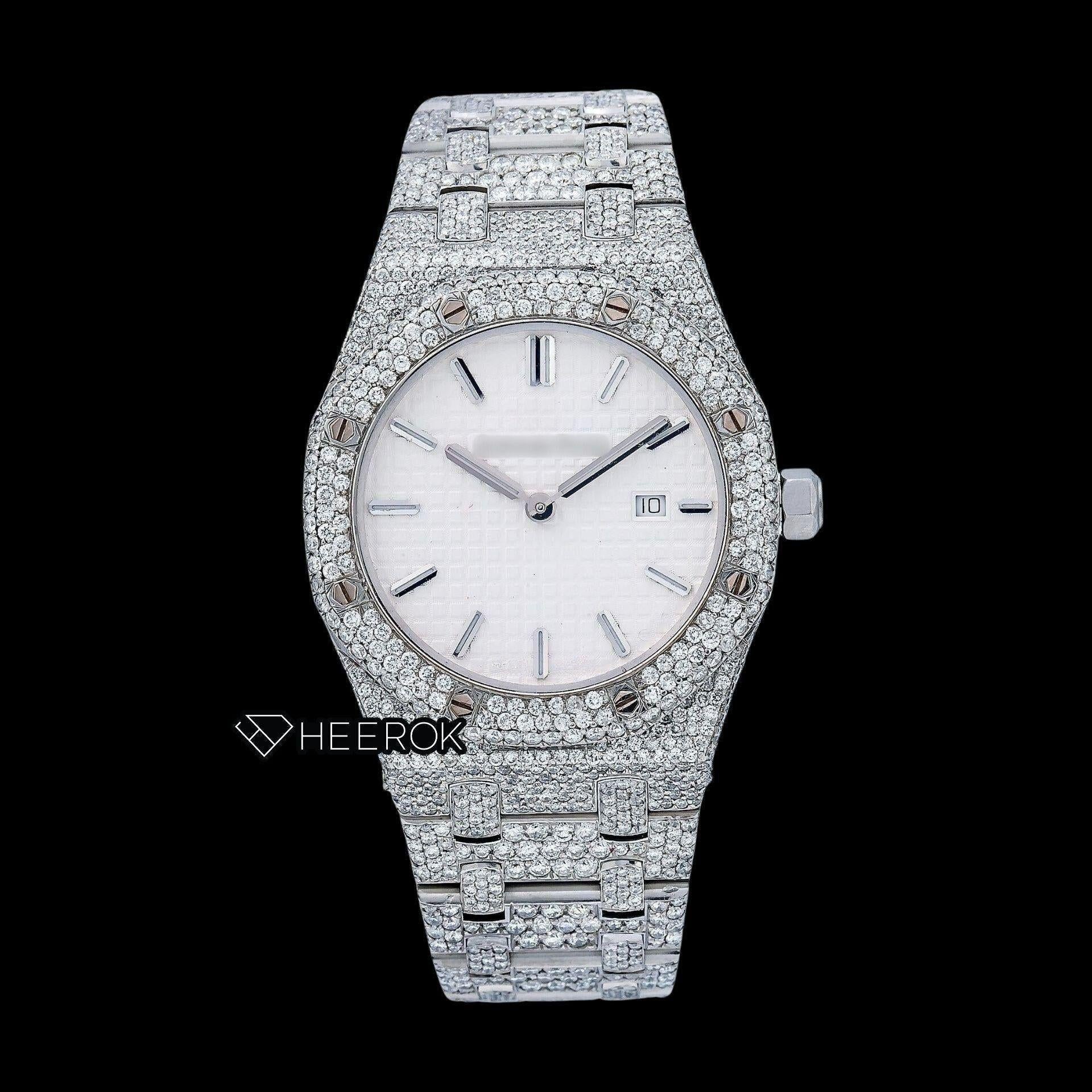 AP Royal Oak White Dial Stick Markers Diamond Bezel Bust Down Moissanite Diamond Watch For Women