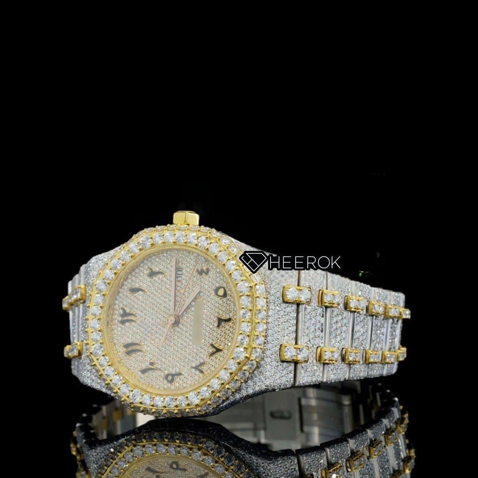 AP Royal Oak Yellow Dial Arabic Numerals Diamond Bezel Two Tone Yellow Gold Moissanite Diamond Bracelet