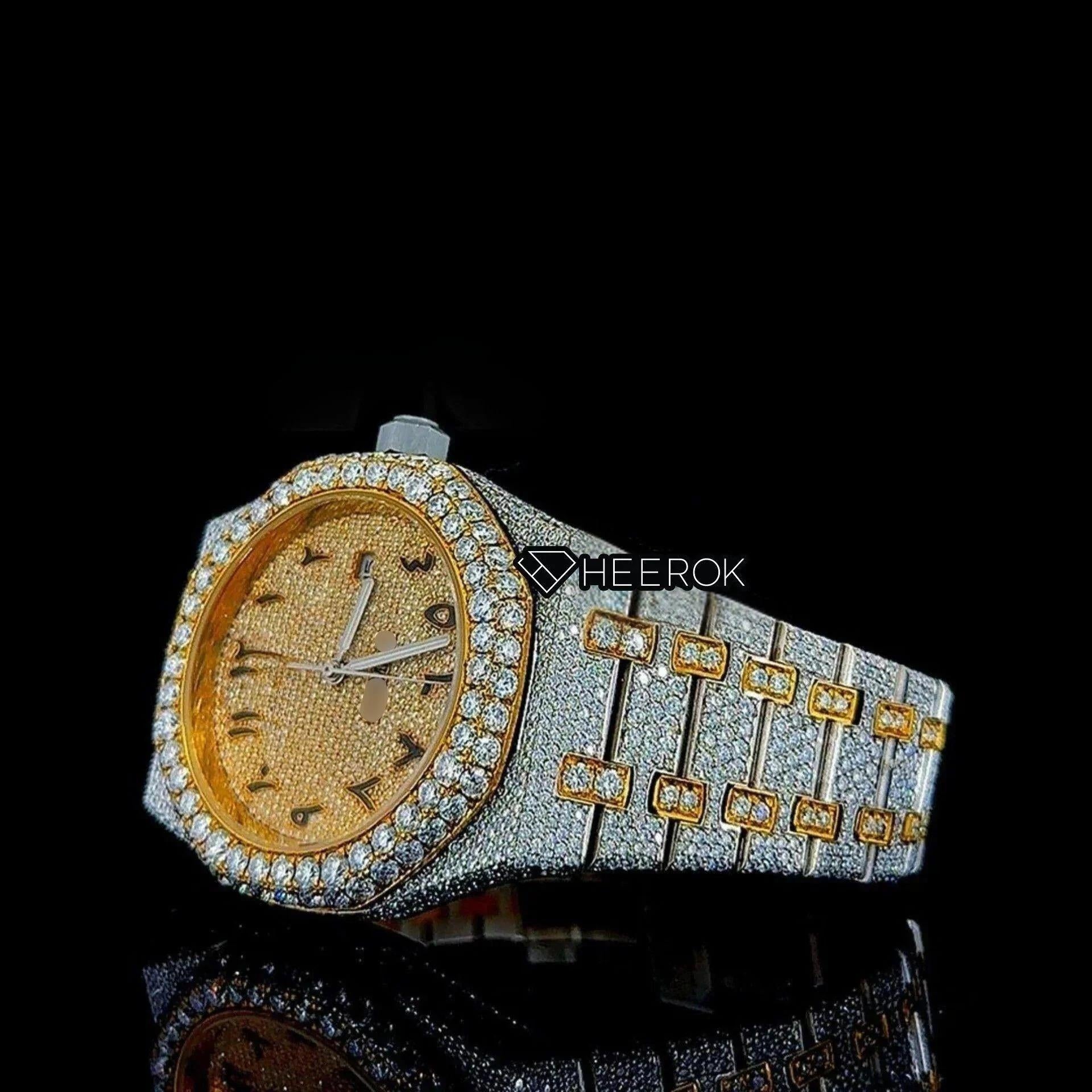 AP Royal Oak Yellow Dial Black Arabic Numerals Diamond Bezel Two Tone Yellow Gold Moissanite Diamond