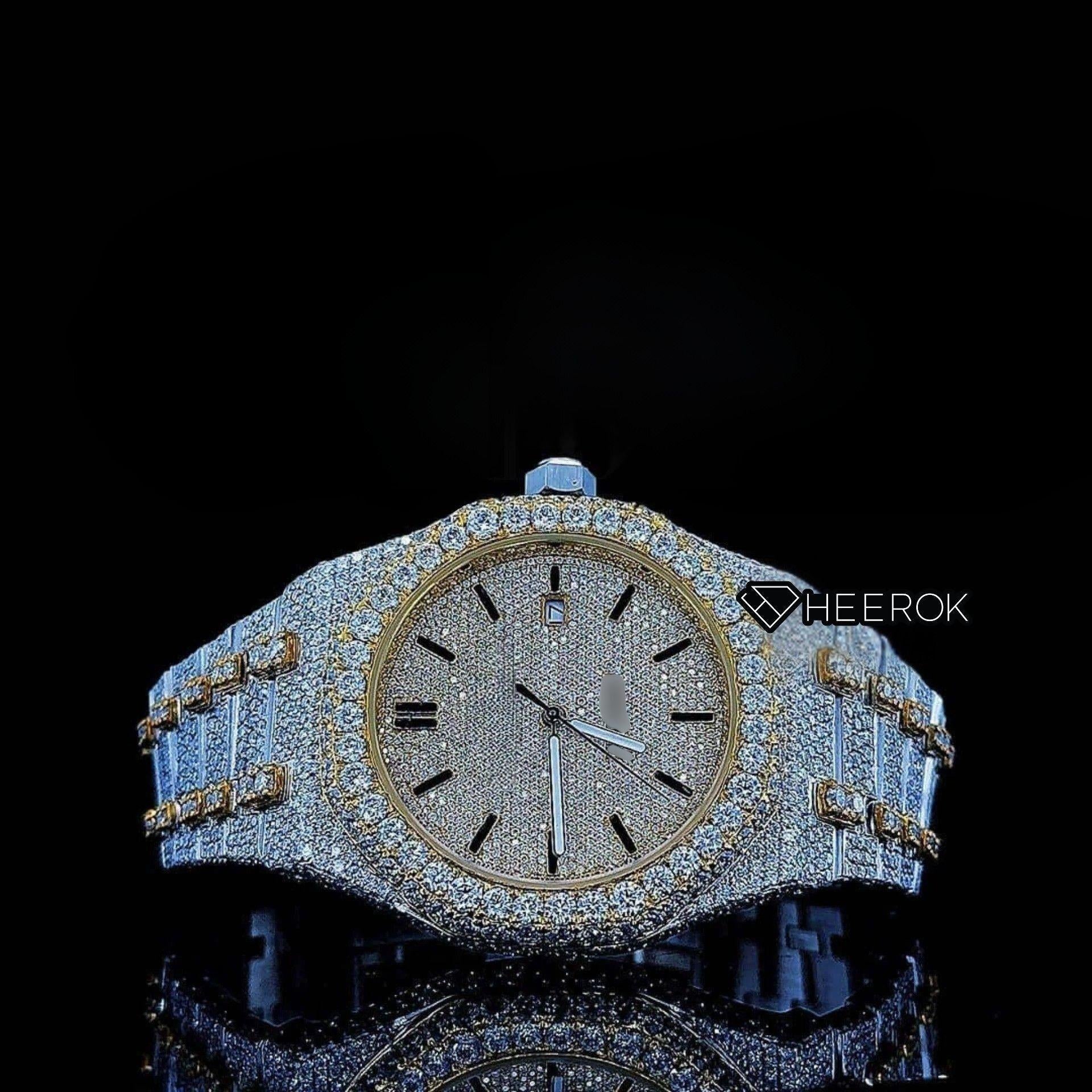 AP Royal Oak Yellow Dial Black Stick Markers Diamond Bezel Two Tone Yellow Gold Moissanite Diamond For Women