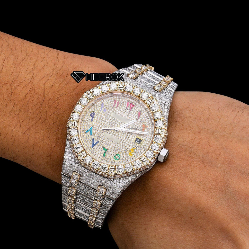 AP Royal Oak Yellow Gold Dial Multicolor Arabic Numerals Large Round Diamond Bezel Two Tone Yellow Gold Moissanite Diamond Watch