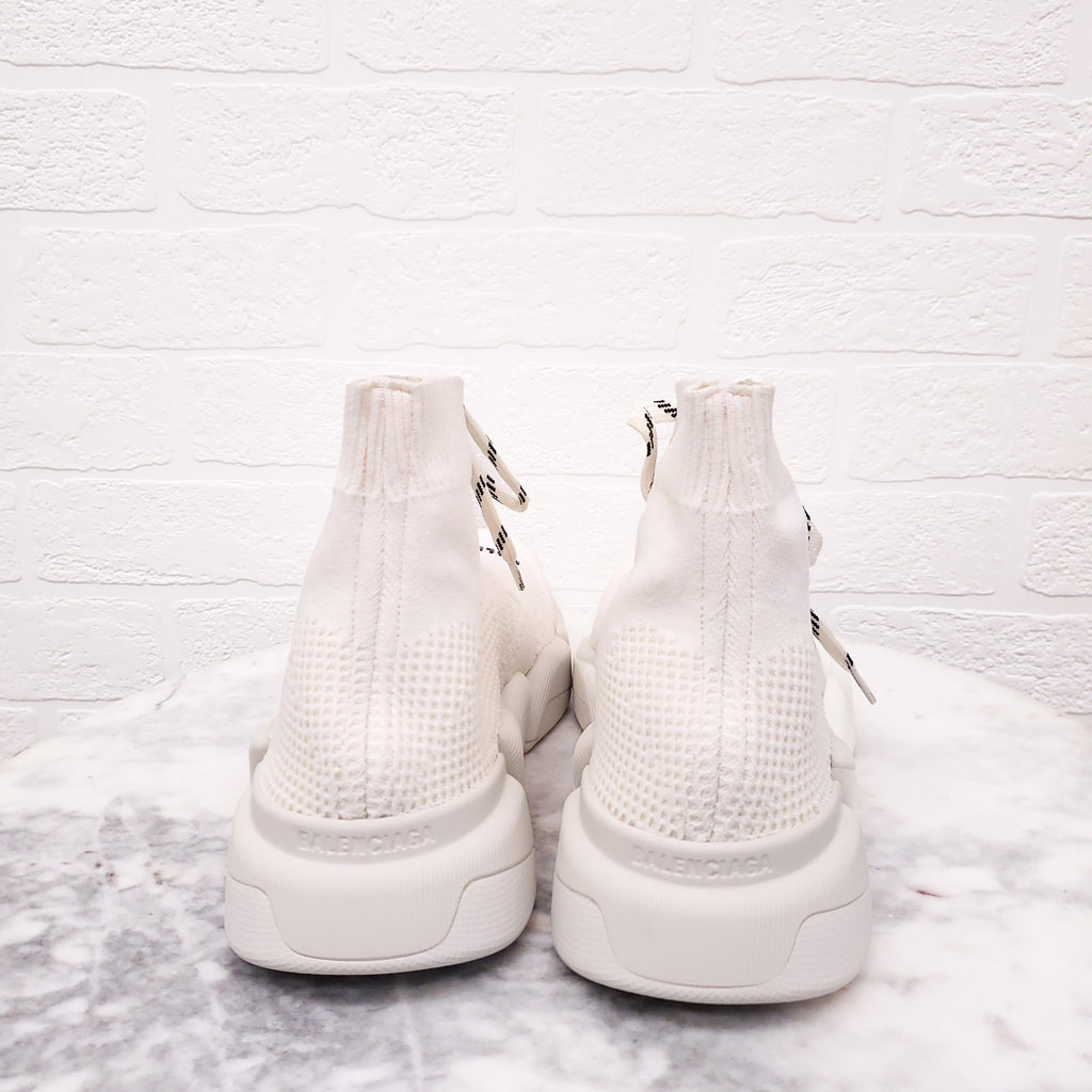 BALENCIAGA CREAM 'SPEED 2.0 LACE UP' KNIT SNEAKERS - SIZE 40 C