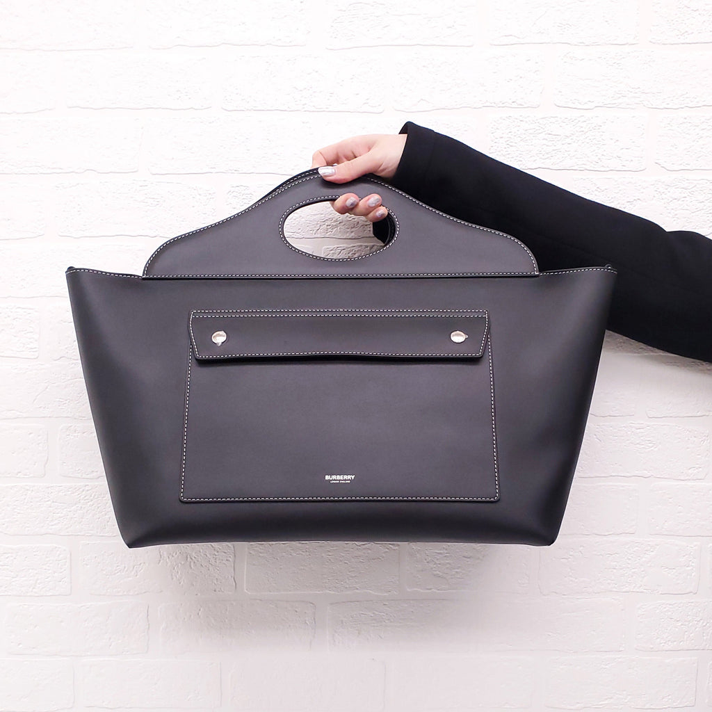 BURBERRY BLACK LEATHER POCKET SATCHEL TOTE