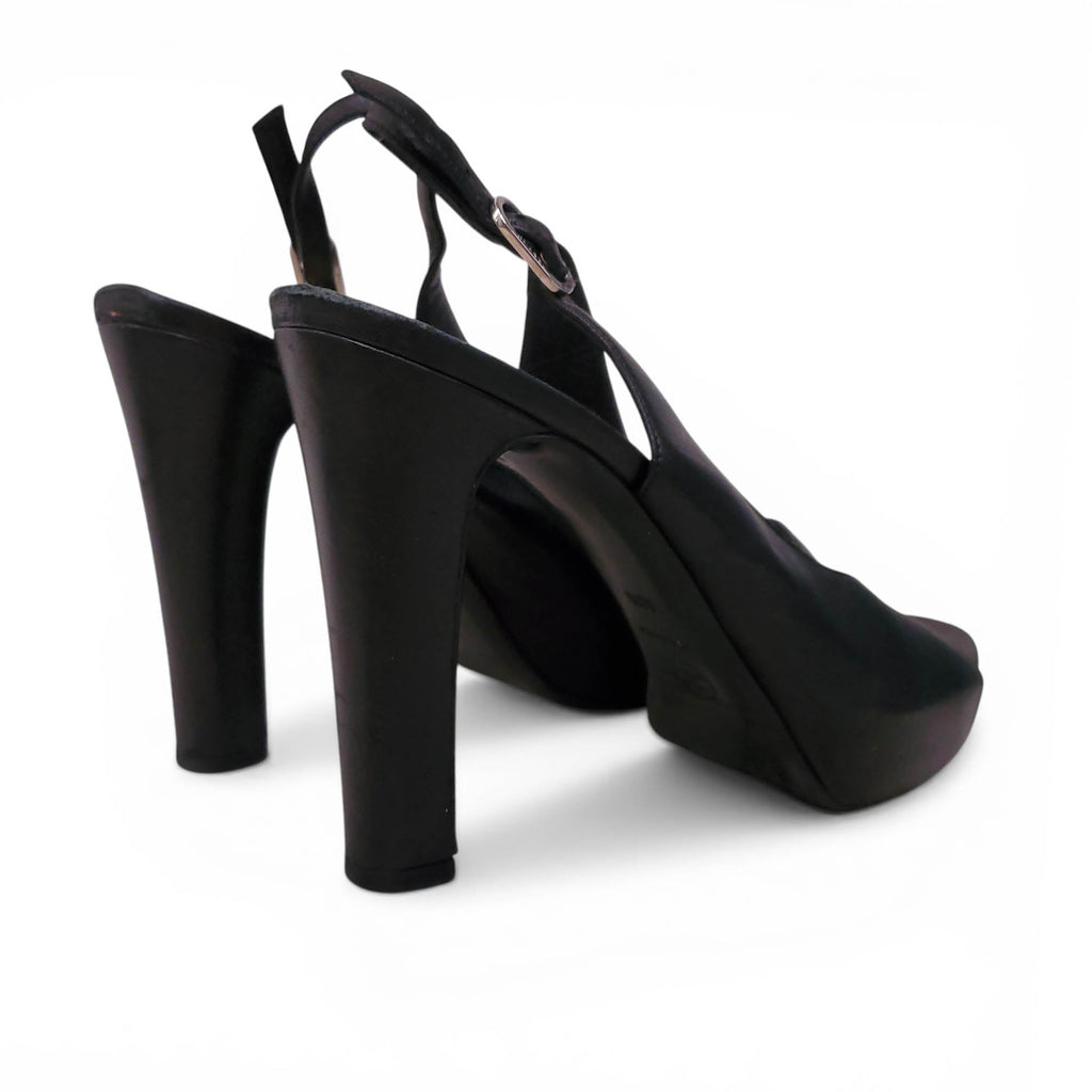 CHANEL VINTAGE BLACK LEATHER PEEP TOE HEELS WITH SILVER LOGO SOLES - SIZE 40.5