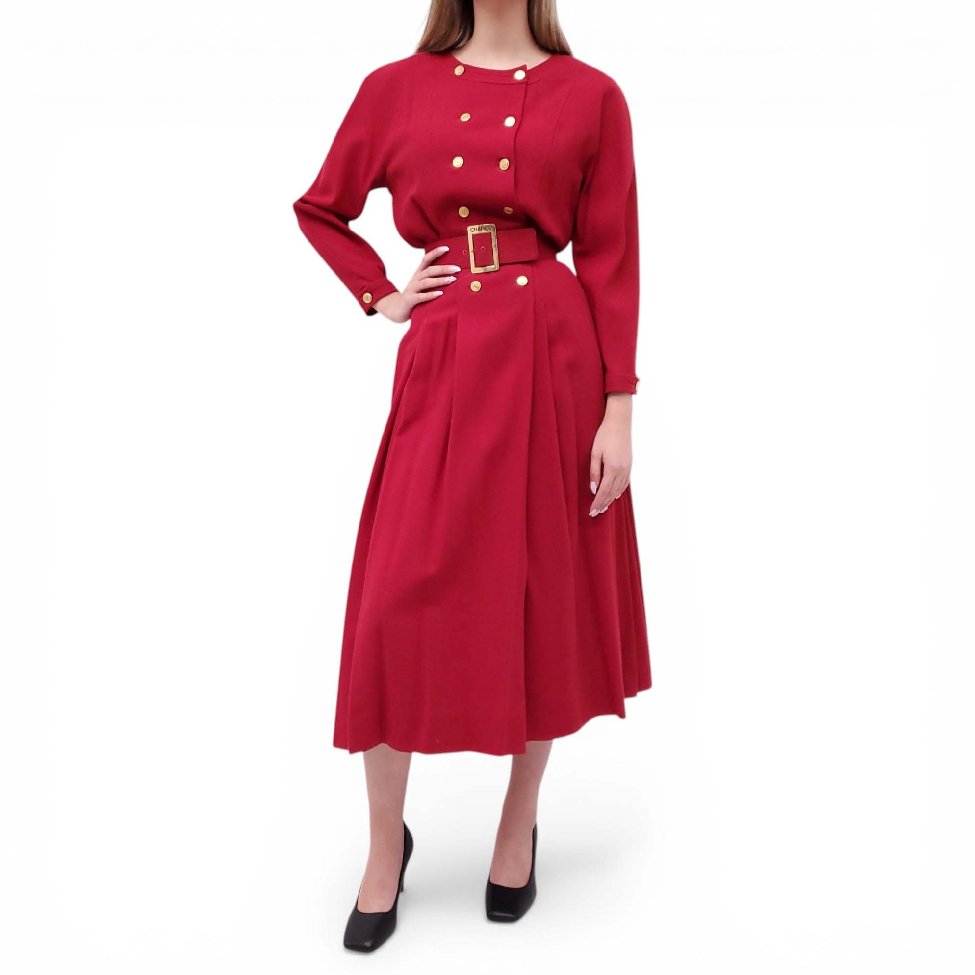 CHANEL VINTAGE RED DRESS WITH LOGO BELT - SIZE XS
