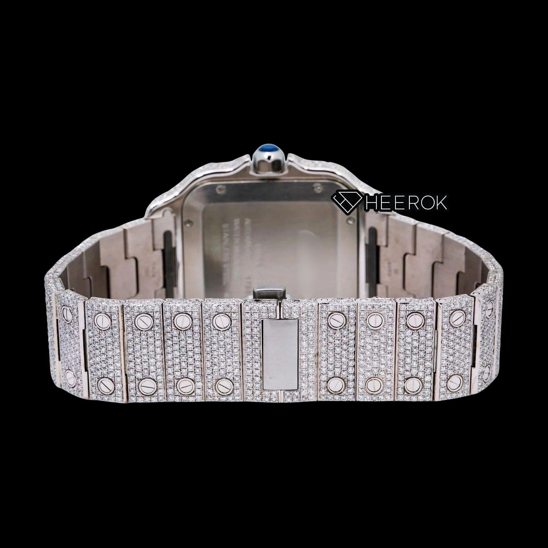 Cartier Santos Blue Dial Roman Numerals Diamond Bezel Bust Down Moissanite Diamond Watch