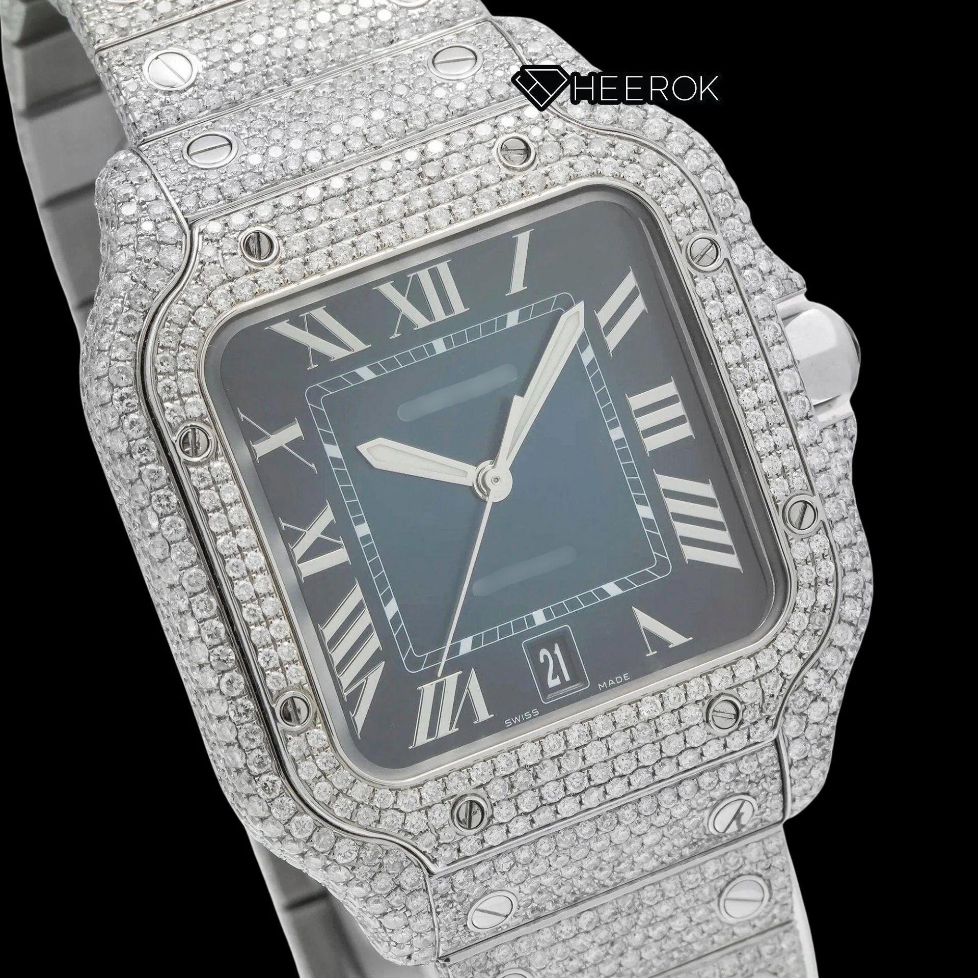Cartier Santos Blue Dial Roman Numerals Diamond Bezel Fully Iced Out Moissanite Diamond Watch