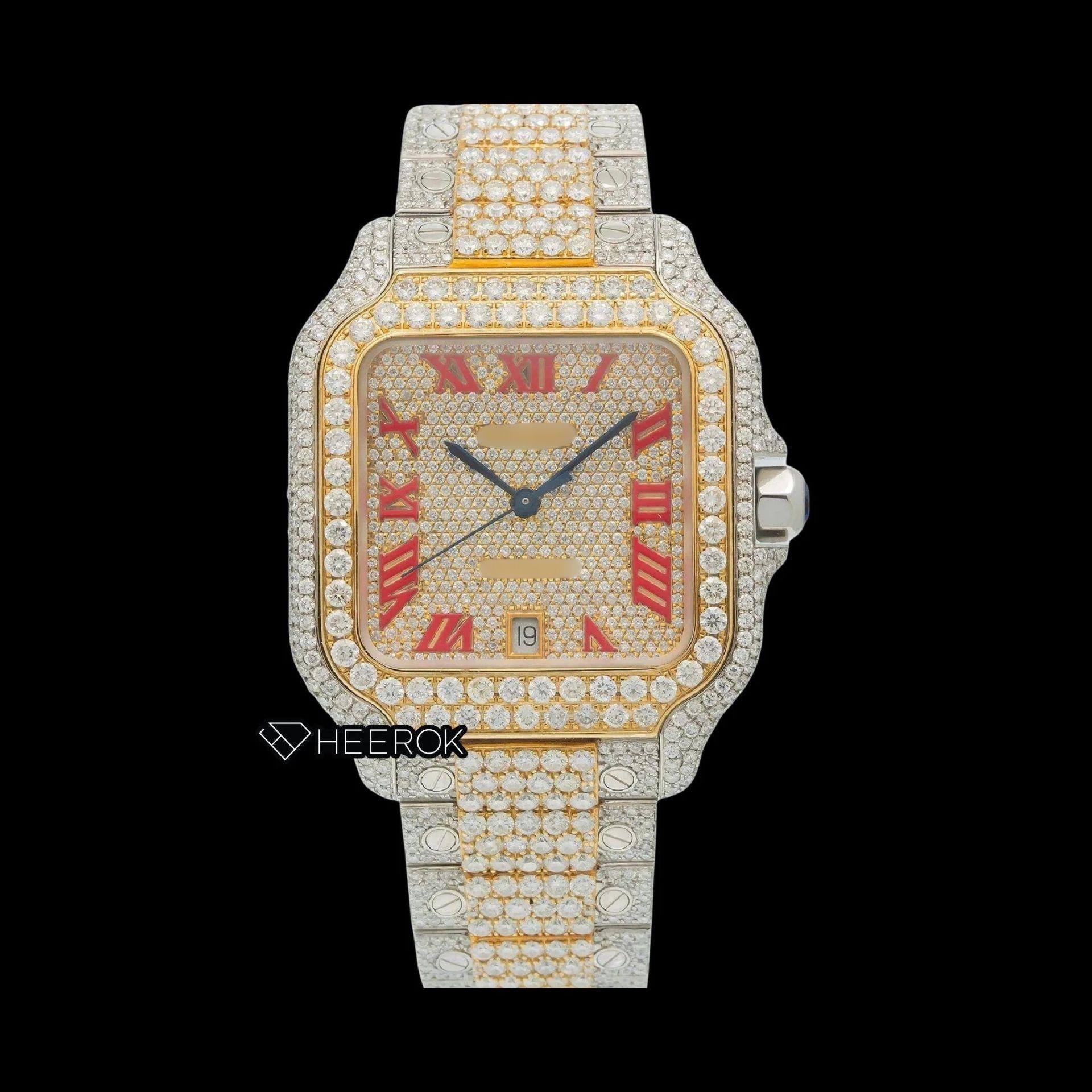 Cartier Santos Full Pave Yellow Gold Dial Red Roman Numerals Diamond Bezel Two Tone Yellow Gold Moissanite Diamond Watch