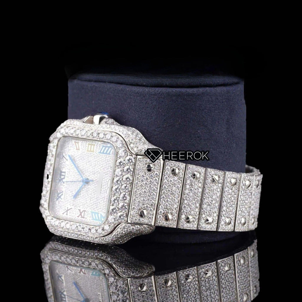 Cartier Santos Multicolor Roman Numerals Full Pave Dial Diamond Bezel Fully Iced Moissanite Diamond
