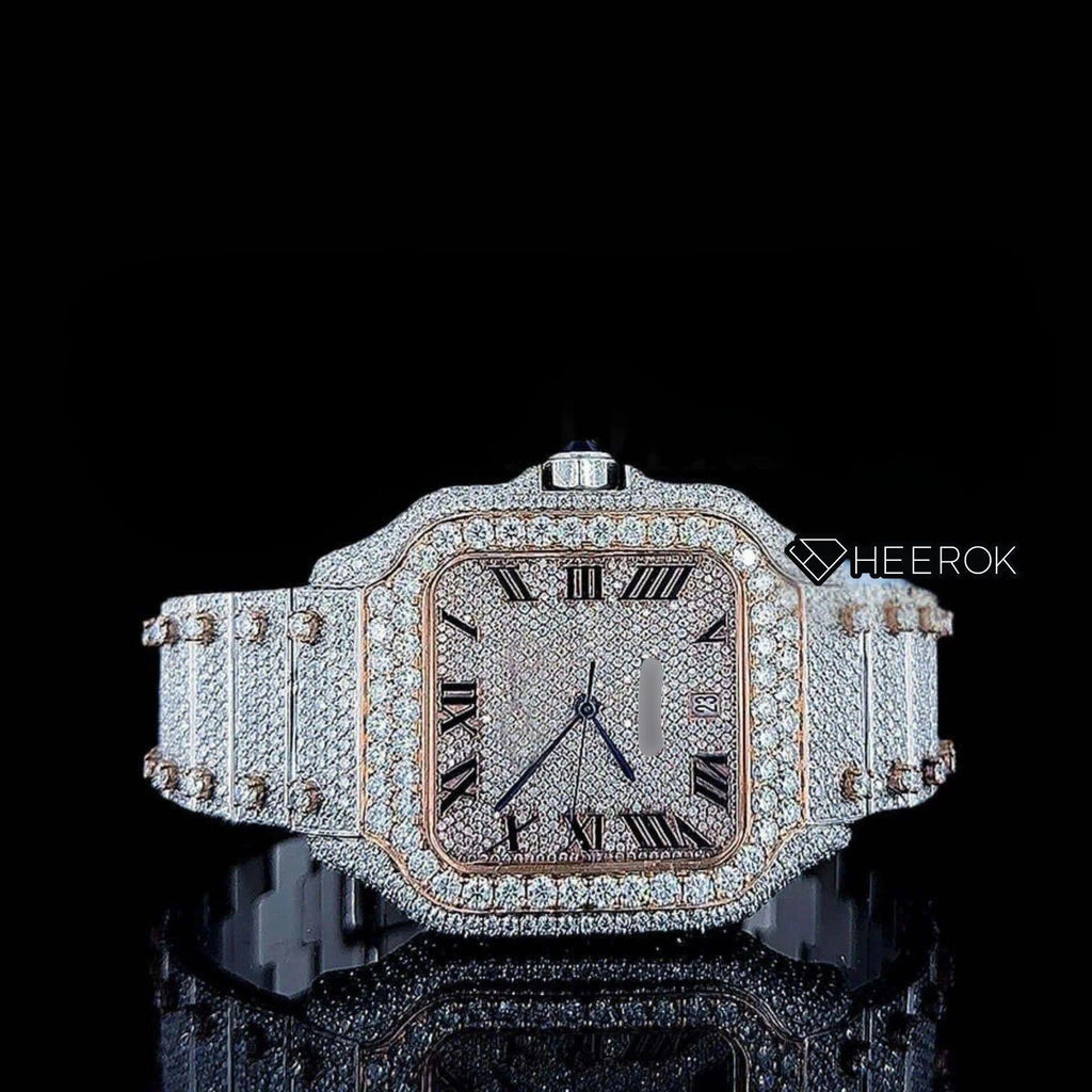 Cartier Santos Rose Gold Dial Black Roman Numerals Diamond Bezel Two Tone Fully Iced Moissanite Diamond For Women