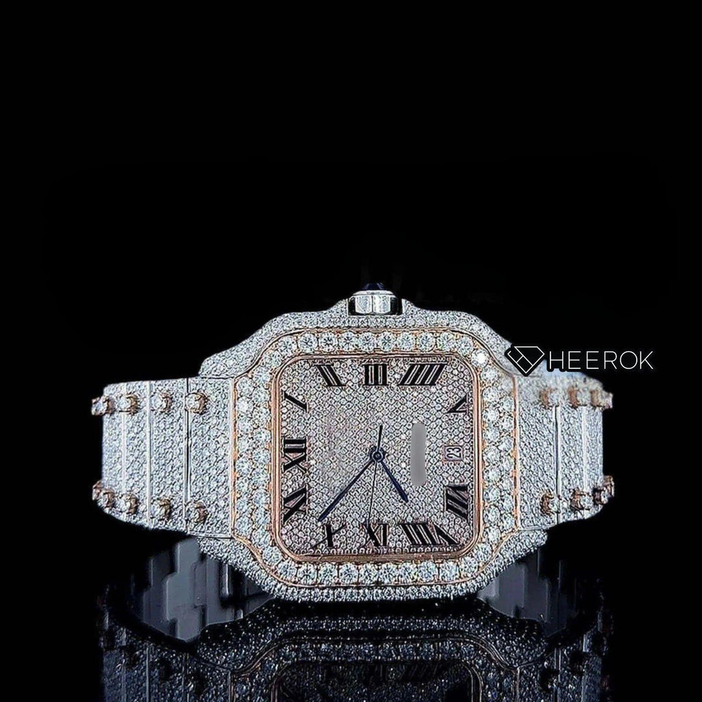 Cartier Santos Rose Gold Dial Black Roman Numerals Diamond Bezel Two Tone Fully Iced Moissanite Diamond