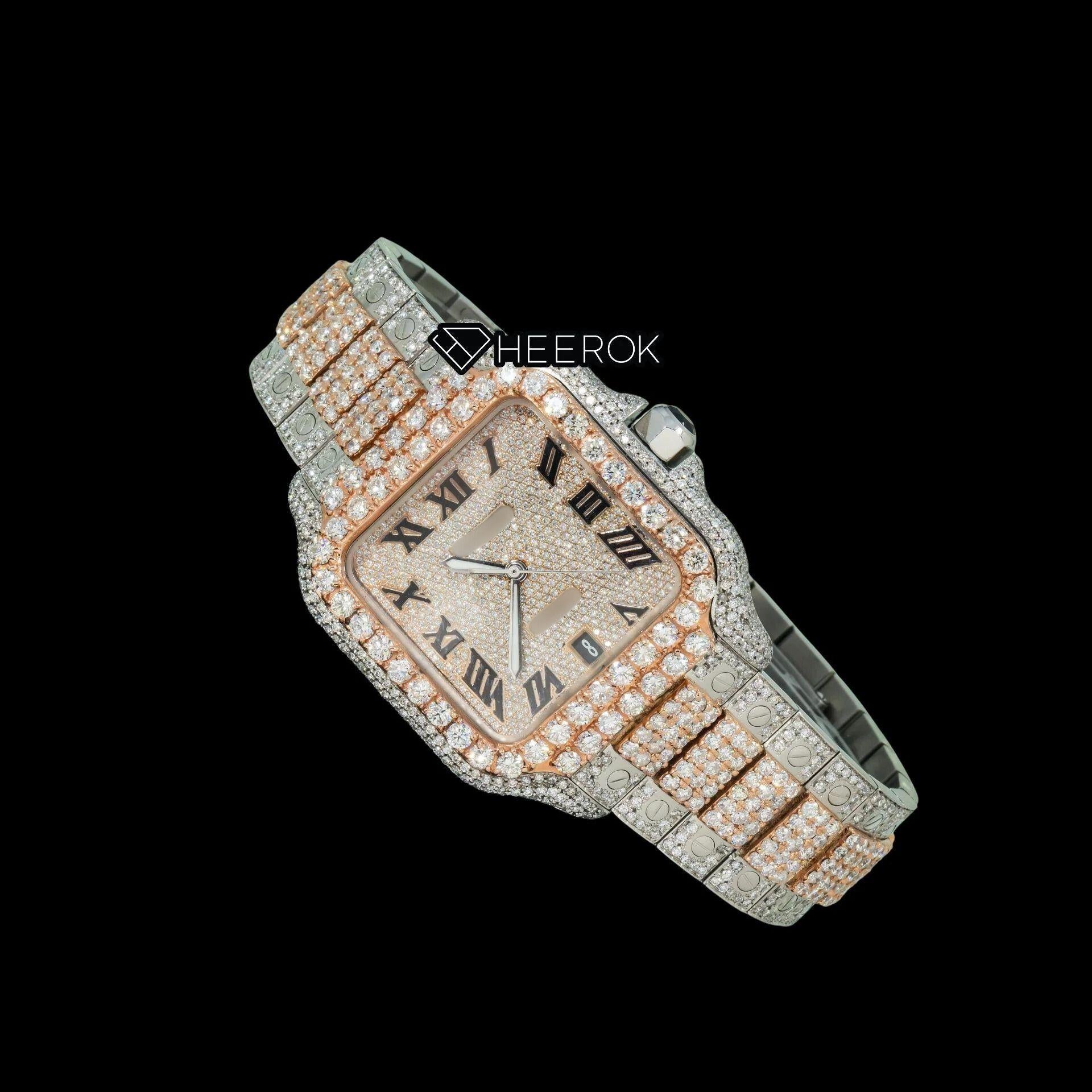 Cartier Santos Rose Gold Dial Black Roman Numerals Diamond Bezel Two Tone Rose Gold Moissanite Diamond Watch