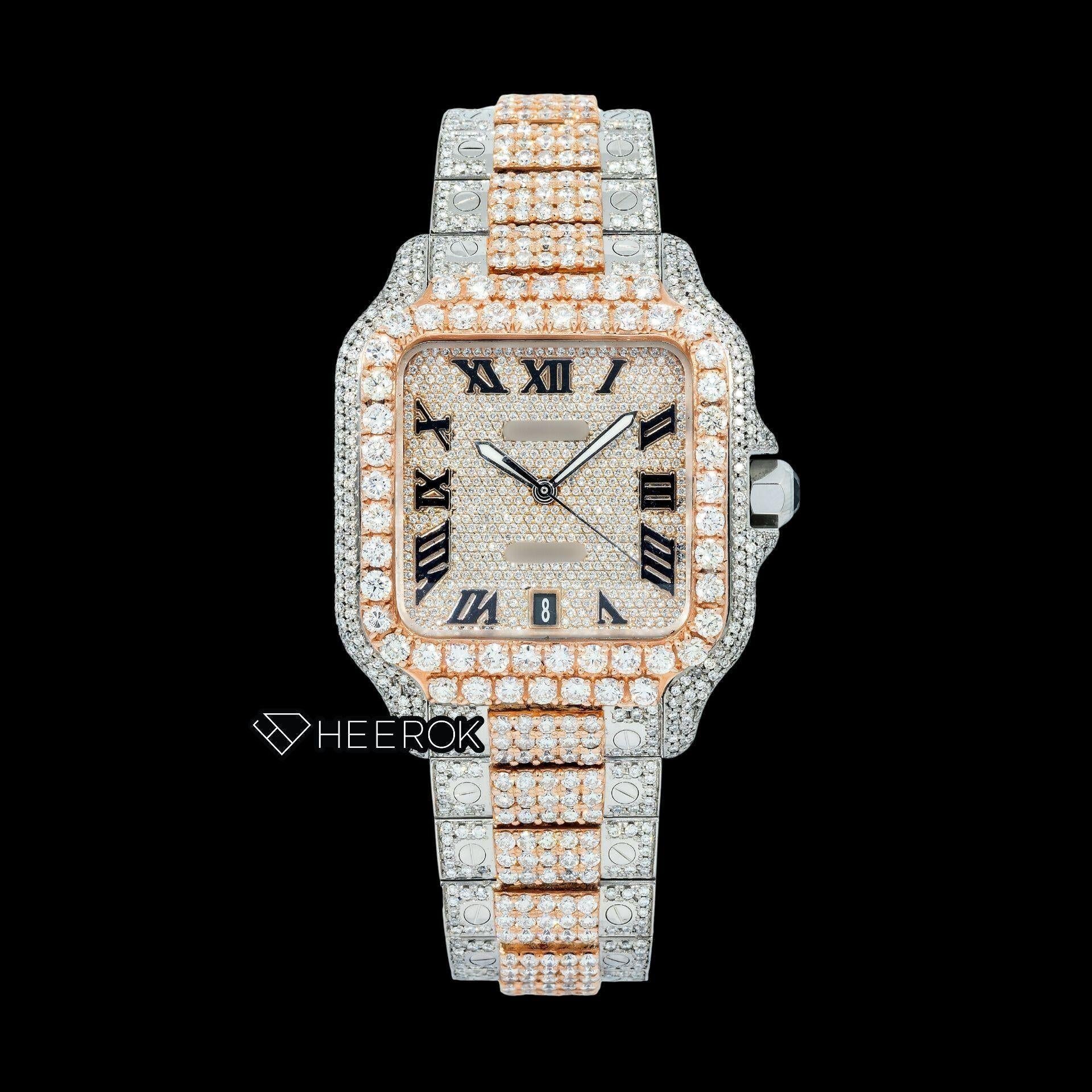 Cartier Santos Rose Gold Dial Black Roman Numerals Diamond Bezel Two Tone Rose Gold Moissanite Diamond Watch