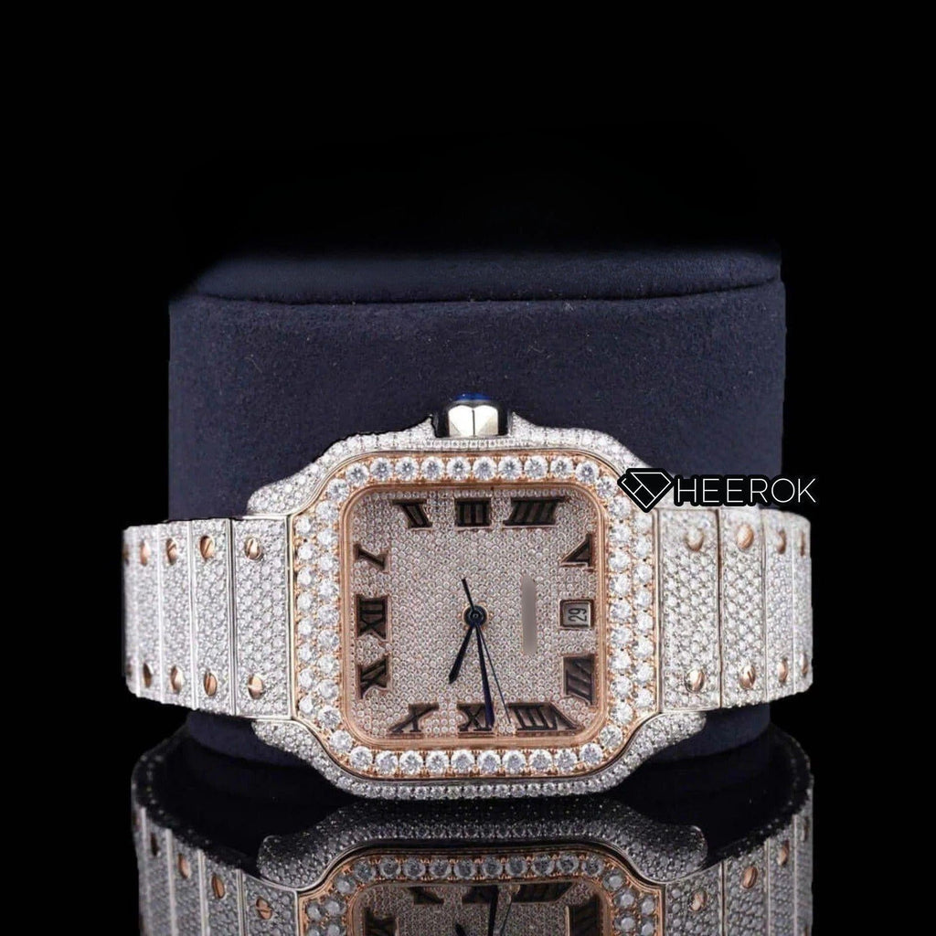 Cartier Santos Rose Gold Dial Roman Numerals Diamond Bezel Two Tone Rose Gold Fully Iced Moissanite Diamond