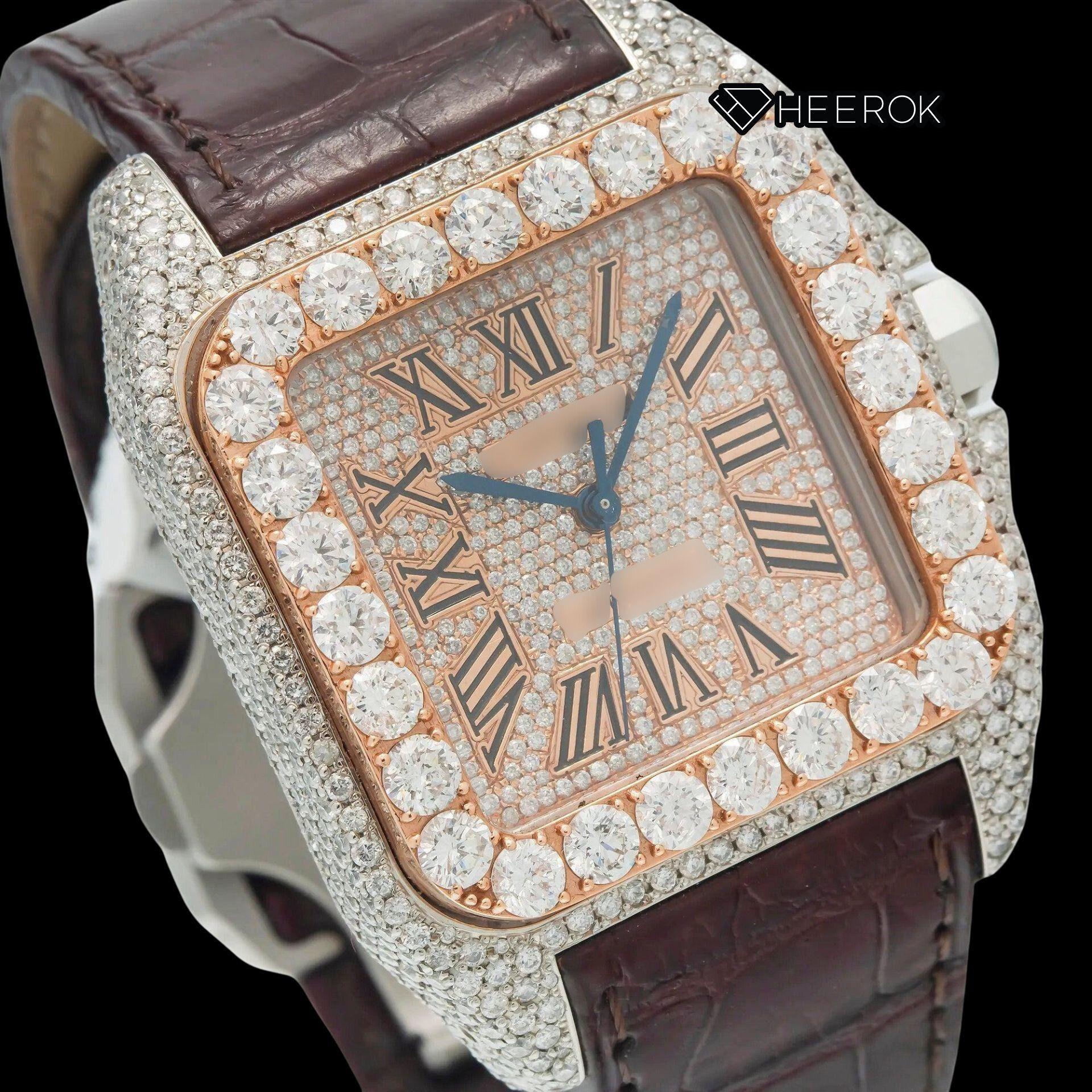 Cartier Santos Rose Gold Dial Roman Numerals Large Round Diamond Bezel Brown Leather Strap Semi Iced Moissanite Diamond Watch
