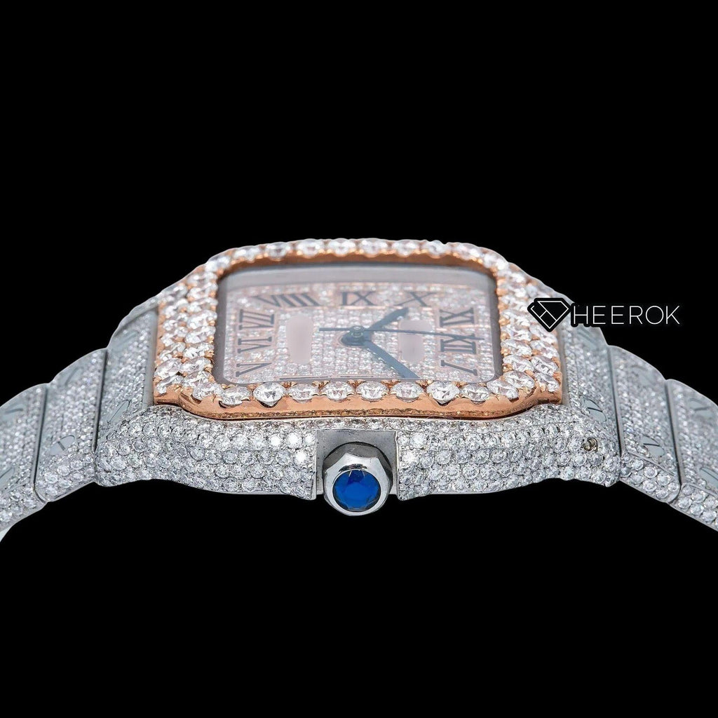 Cartier Santos Rose Gold Diamond Pave Dial Roman Numerals Large Round Diamond Bezel Fully Iced Moissanite Diamond Watch For Women