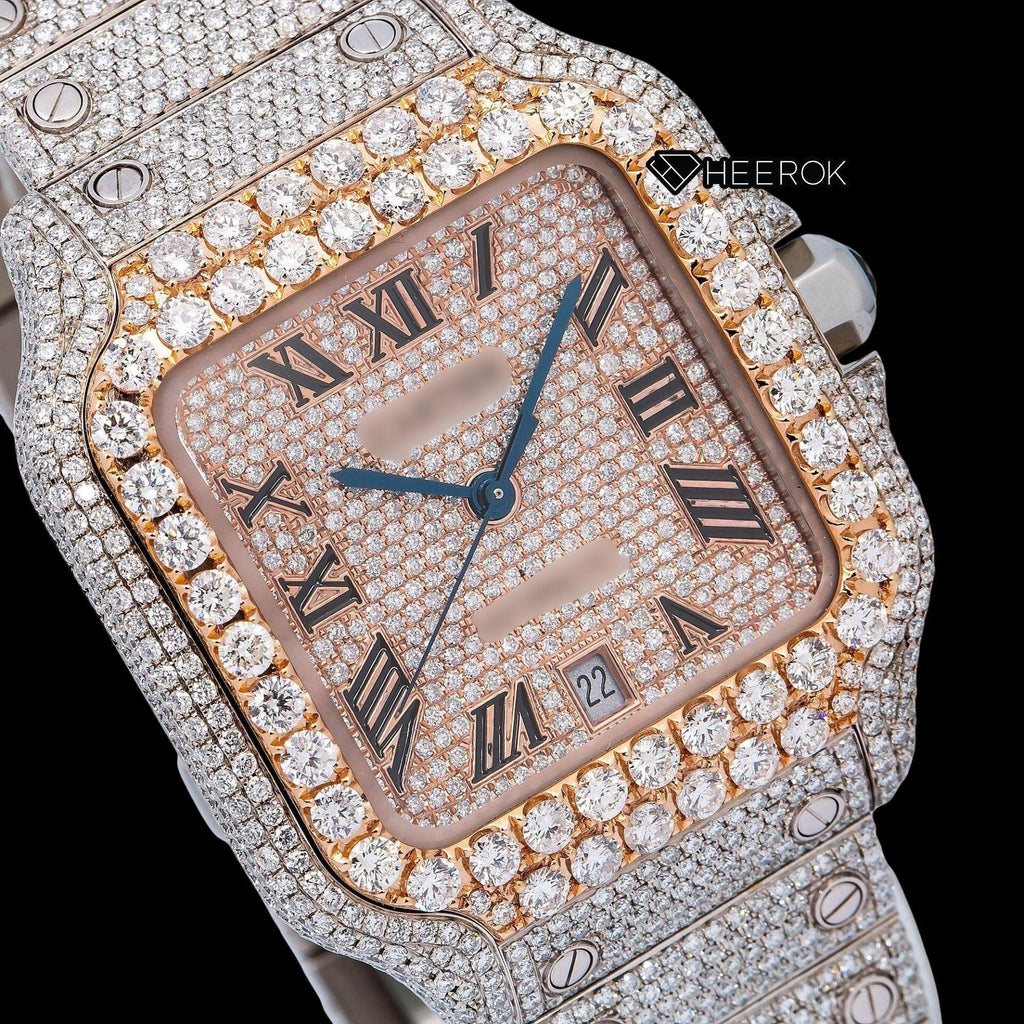 Cartier Santos Rose Gold Full Pave Dial Roman Numerals Diamond Bezel Fully Iced Moissanite Diamond Watch