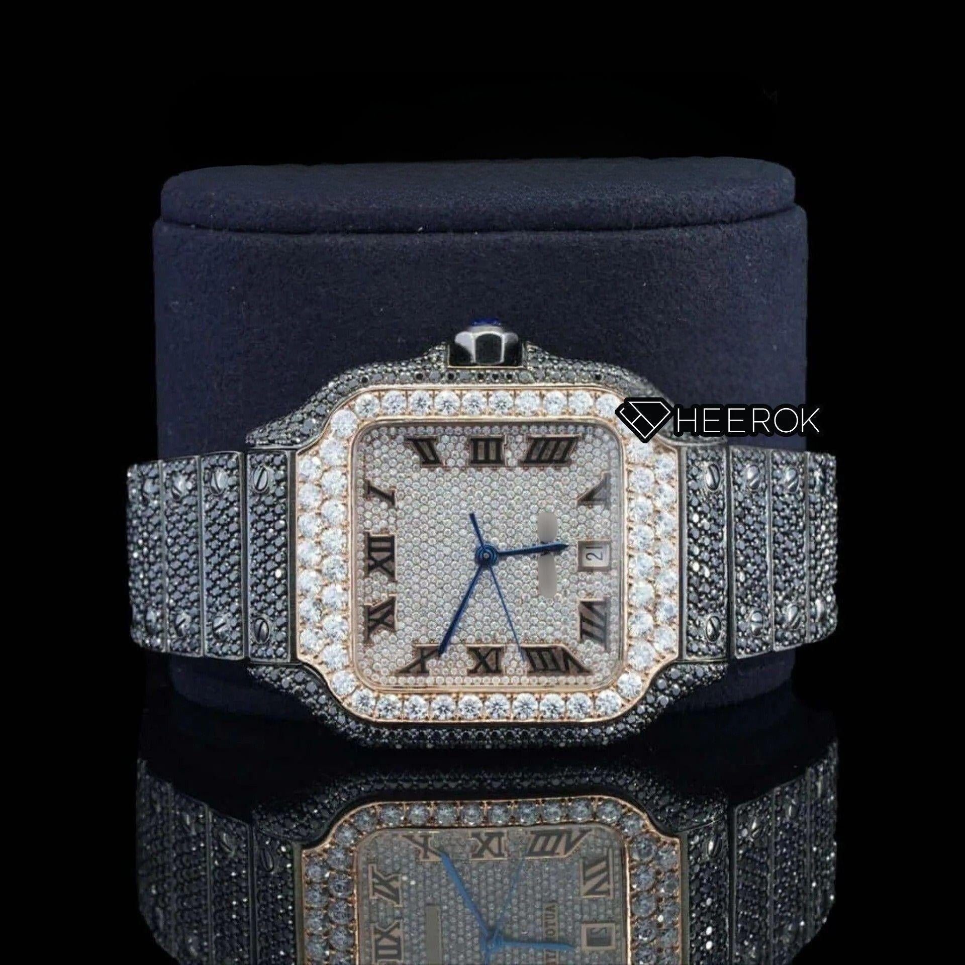 Cartier Santos Rose Gold Roman Dial Diamond Bezel Fully Iced Moissanite Black Diamond Bracelet