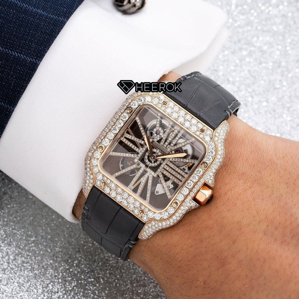 Cartier Santos Rose Gold Skeleton Dial Diamonds Bezel Black Leather Strap Semi Iced Moissanite Diamond Watch