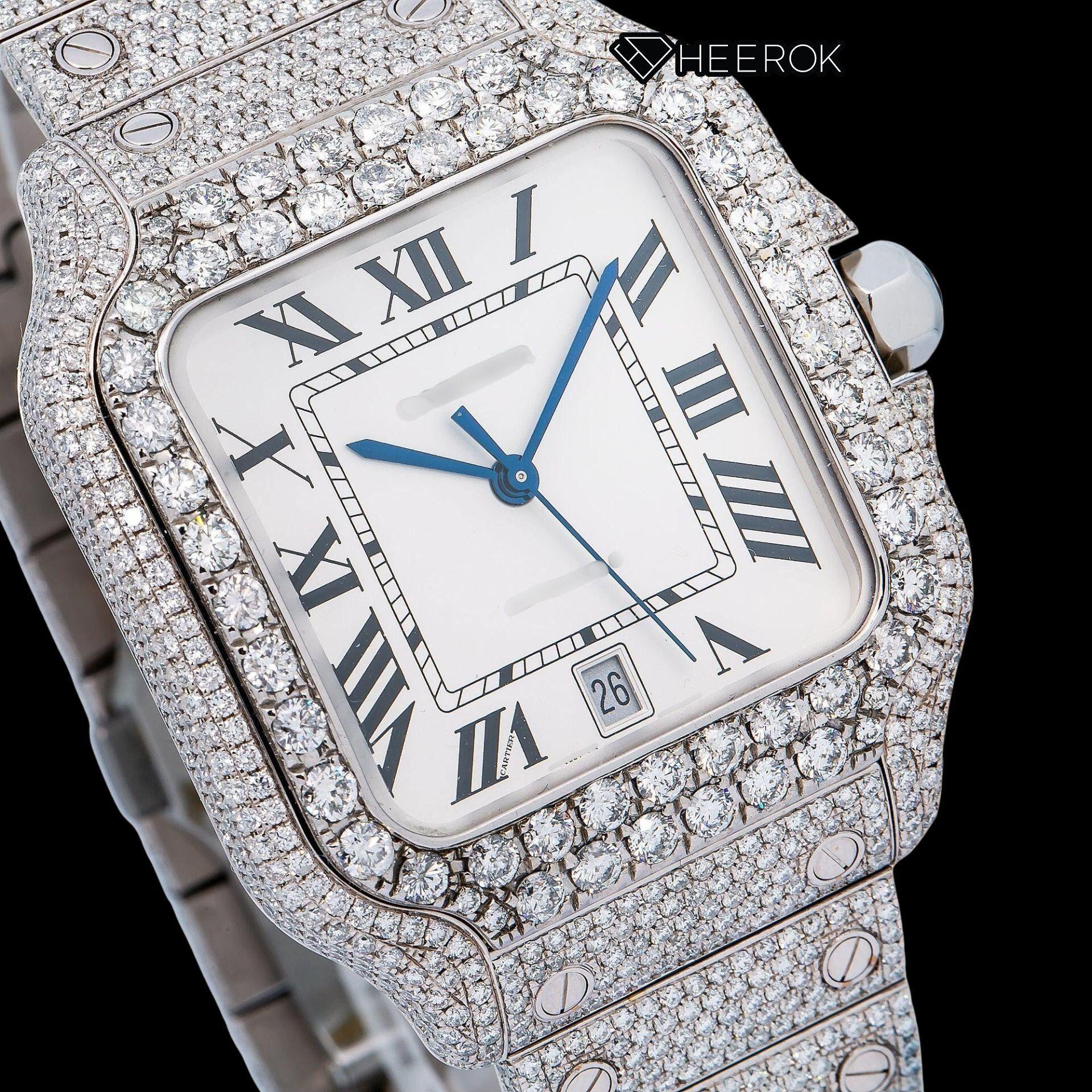 Cartier Santos White Dial Black Roman Numerals Diamond Bezel Fully Iced Moissanite Diamond Watch