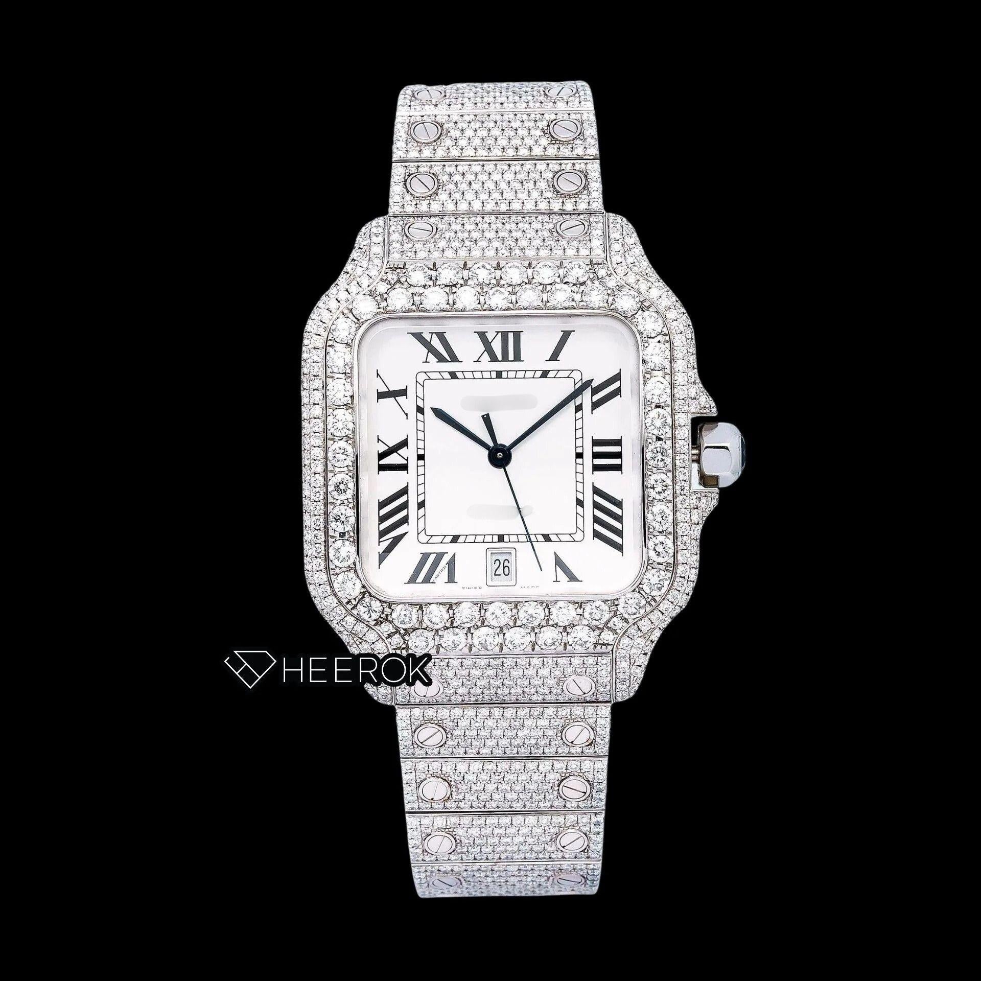 Cartier Santos White Dial Black Roman Numerals Diamond Bezel Fully Iced Moissanite Diamond Watch