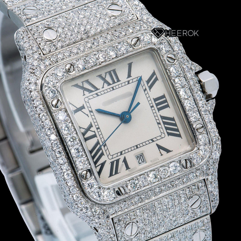Cartier Santos White Dial Roman Numerals Diamond Bezel Bust Down Moissanite Diamond Watch For Women