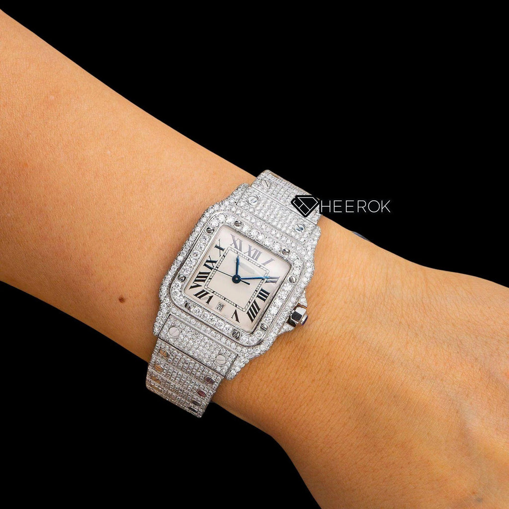 Cartier Santos White Dial Roman Numerals Diamond Bezel Bust Down Moissanite Diamond Watch For Women