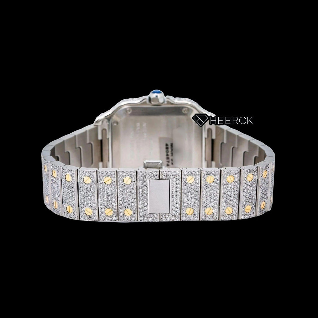 Cartier Santos Yellow Dial Black Roman Numerals Diamond Bezel Two Tone Yellow Gold Fully Iced Moissanite Diamond Watch For Women