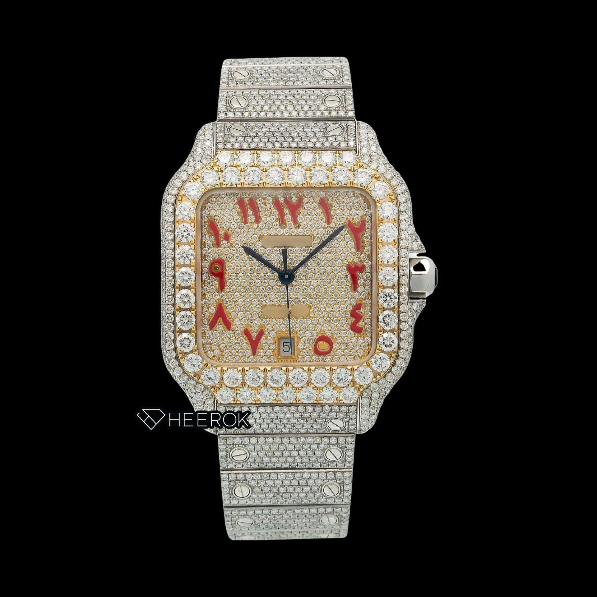 Cartier Santos Yellow Gold Dial Red Arabic Numerals Diamond Bezel Bust Down Moissanite Diamond Watch