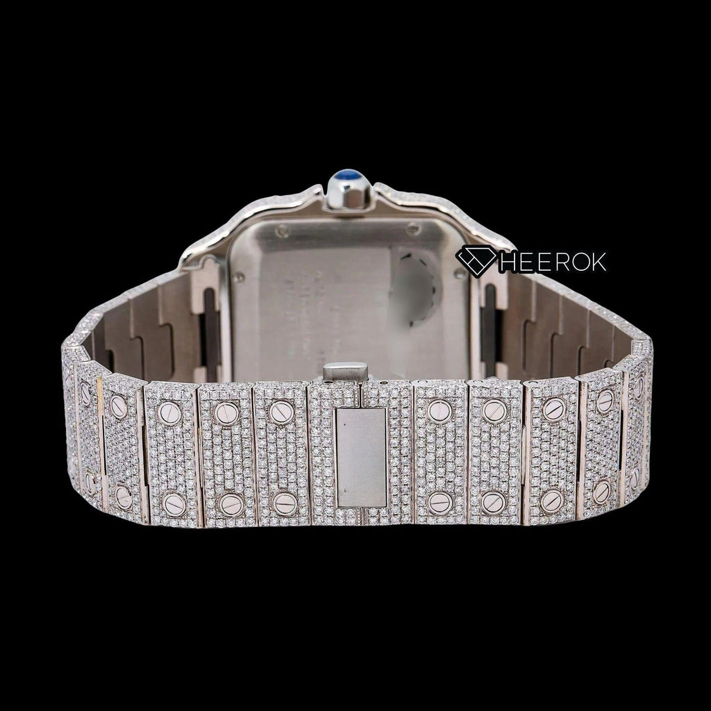 Cartier Santos Yellow Gold Full Pave Dial Roman Numerals Diamond Bezel Fully Iced Moissanite Diamond Watch