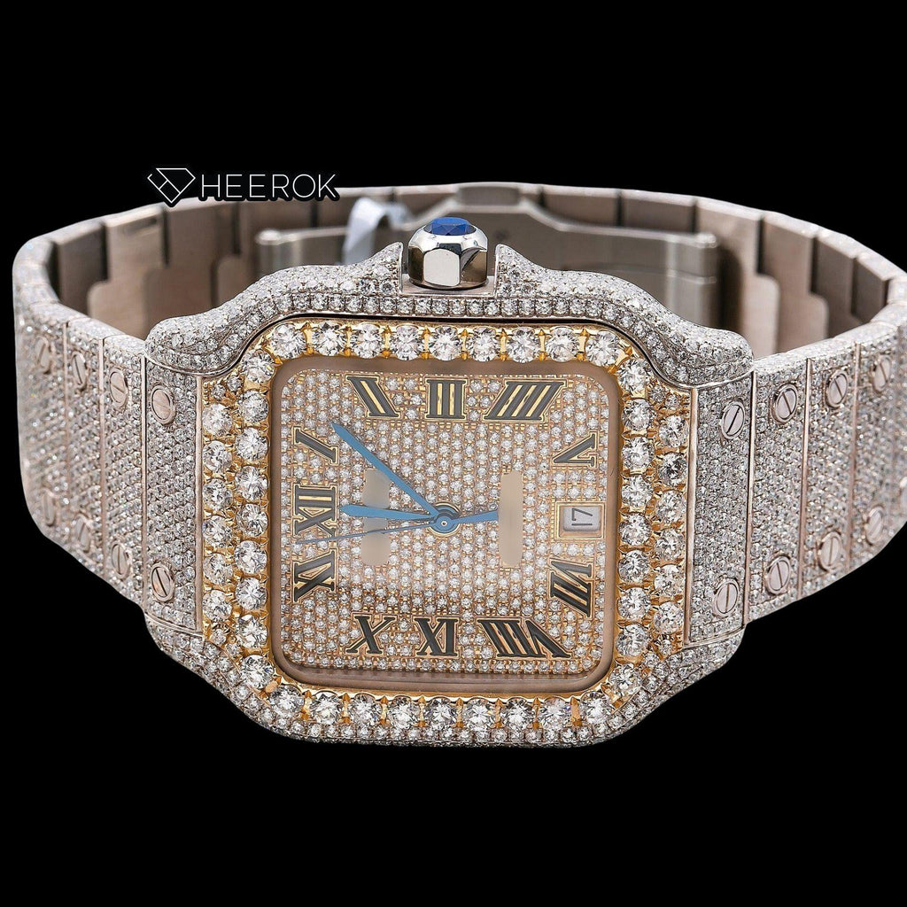 Cartier Santos Yellow Gold Full Pave Dial Roman Numerals Diamond Bezel Fully Iced Moissanite Diamond Watch