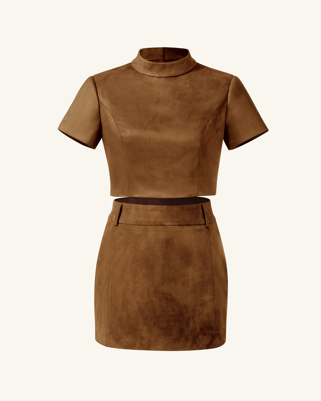 Grace Faux Suede Crop Top and Mini Skirt Set - Camel