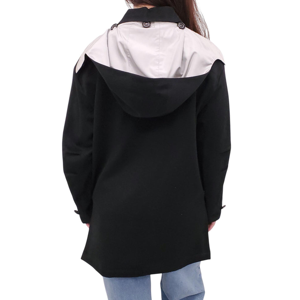 HERMÈS UNISEX VINTAGE BLACK OVERSIZED WOOL COAT WITH LOGO BUTTONS AND REMOVABLE HOOD - SIZE XS