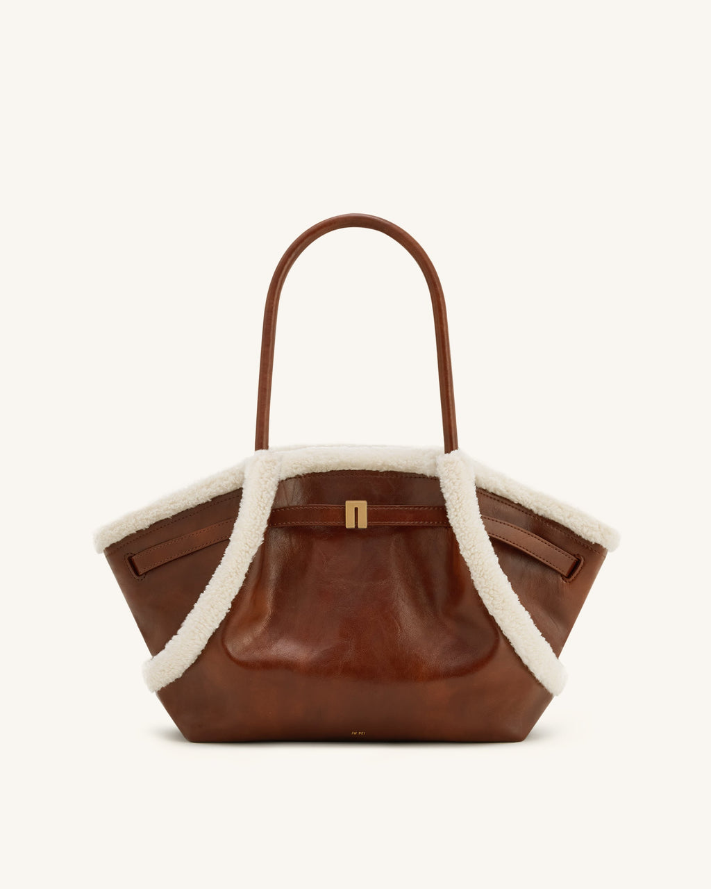 Hana Medium Faux Shearling Trim Tote Bag - Brown