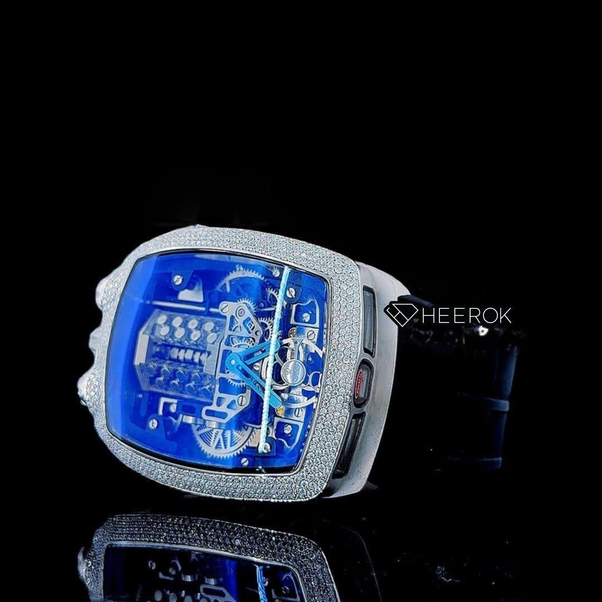 Jacob & Co Bugatti Style Blue Sapphire Crystal Skeleton Dial Diamond Bezel Semi Iced Moissanite Diamond Black Rubber Strap