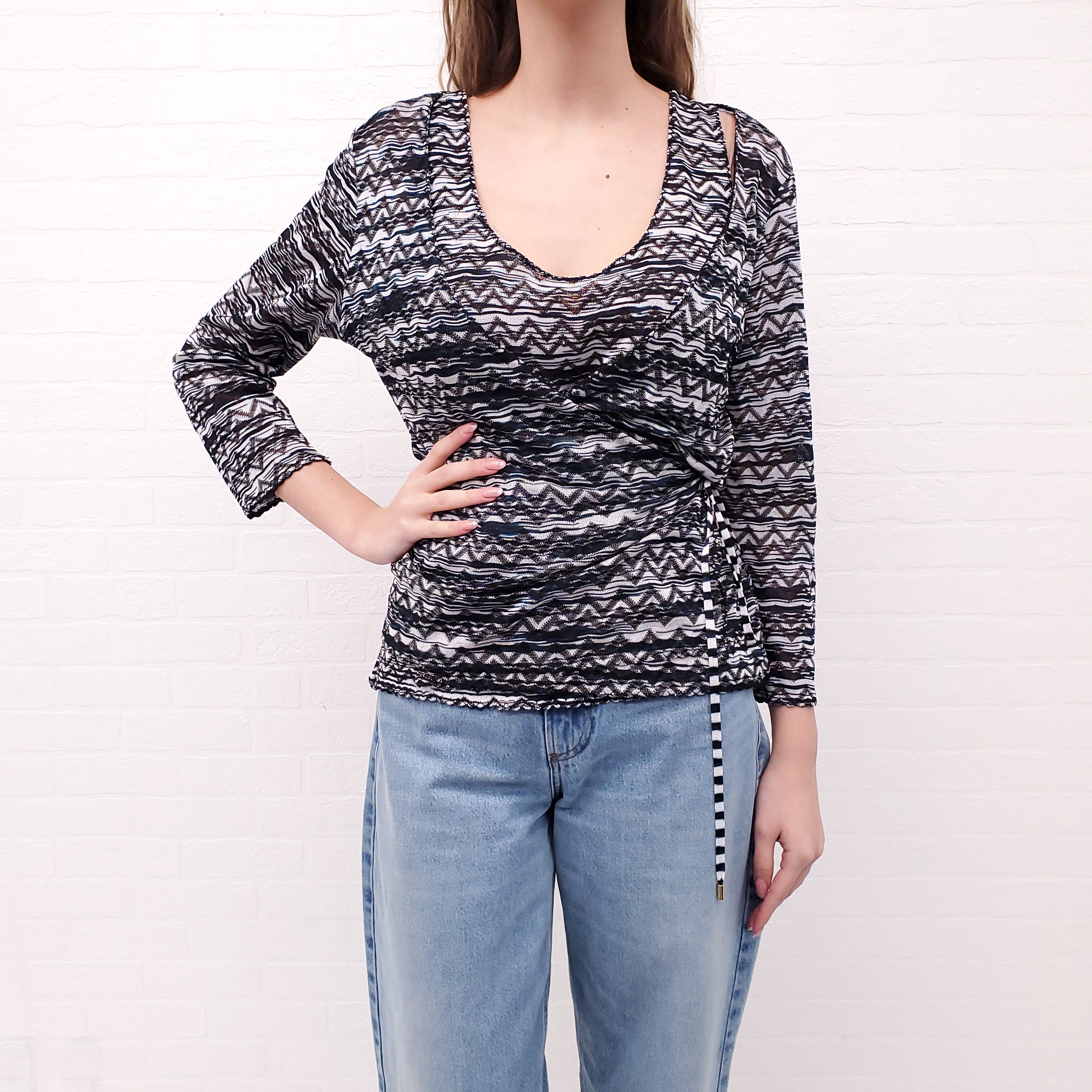 MISSONI VINTAGE TWO PIECE BLACK AND WHITE PATTERNED CARDIGAN SET - SIZE 10