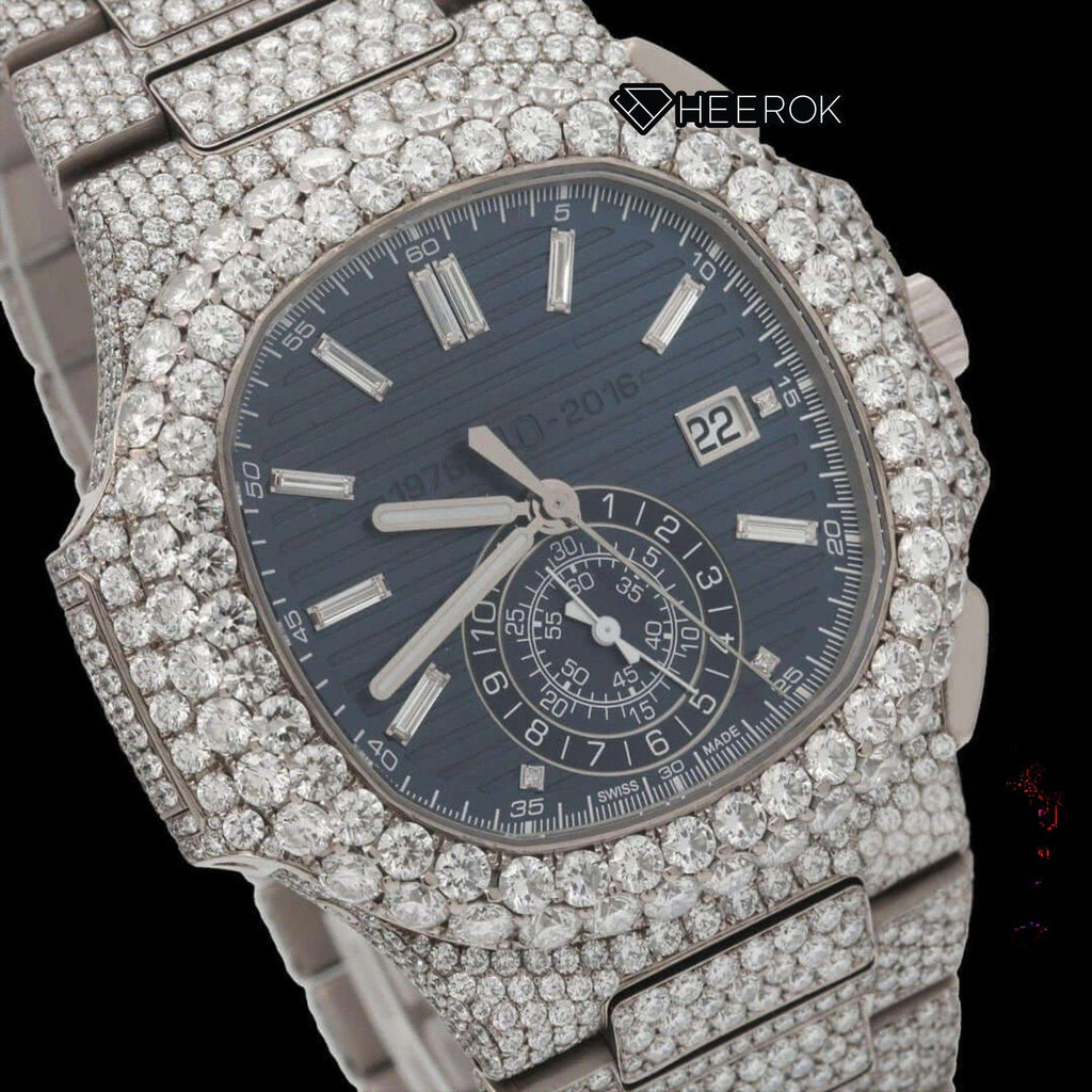 Patek Philippe Nautilus Blue Dial Chronograph Diamond Bezel Fully Iced Moissanite Diamond