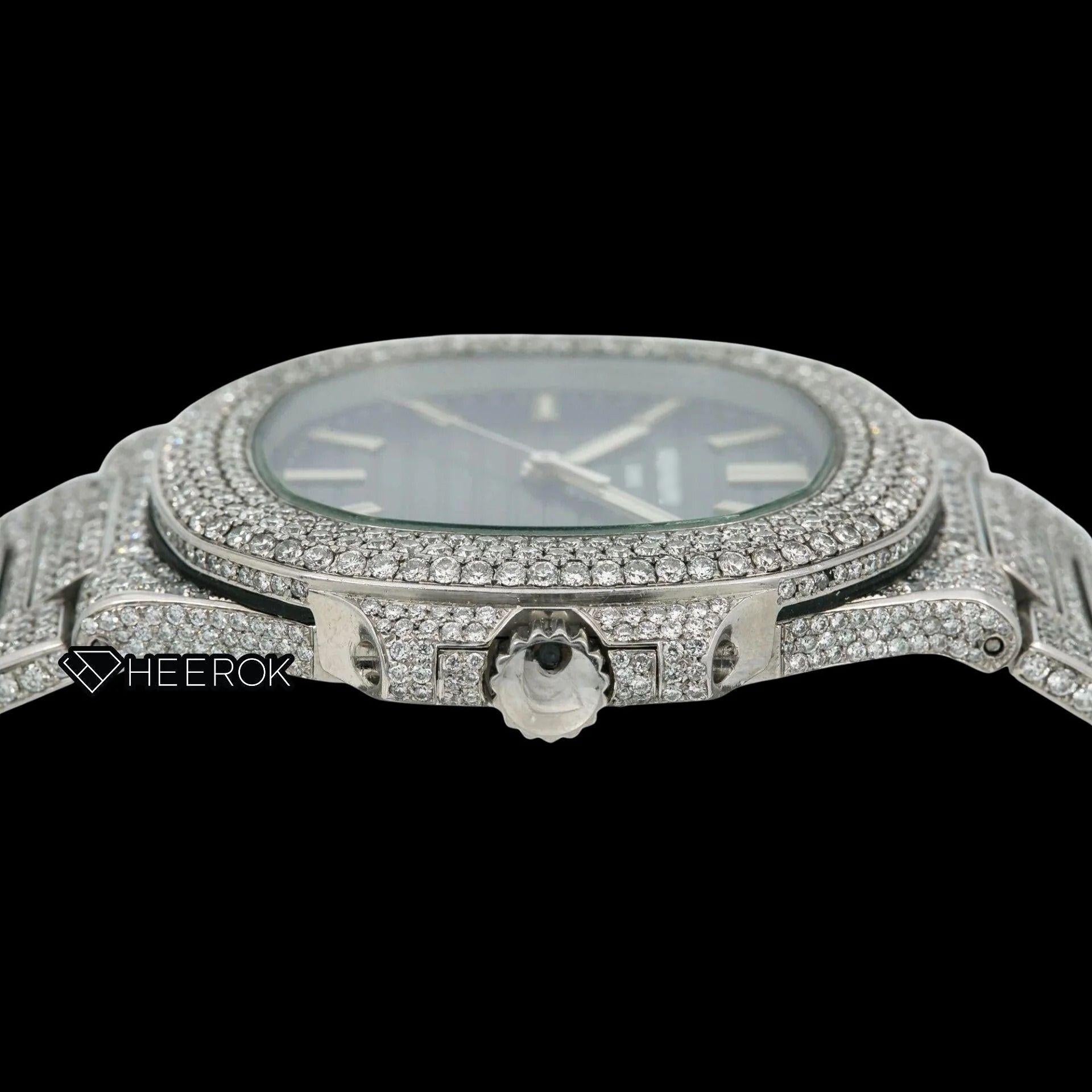 Patek Philippe Nautilus Blue Dial White Stick Markers Diamond Bezel Bust Down Moissanite Diamond