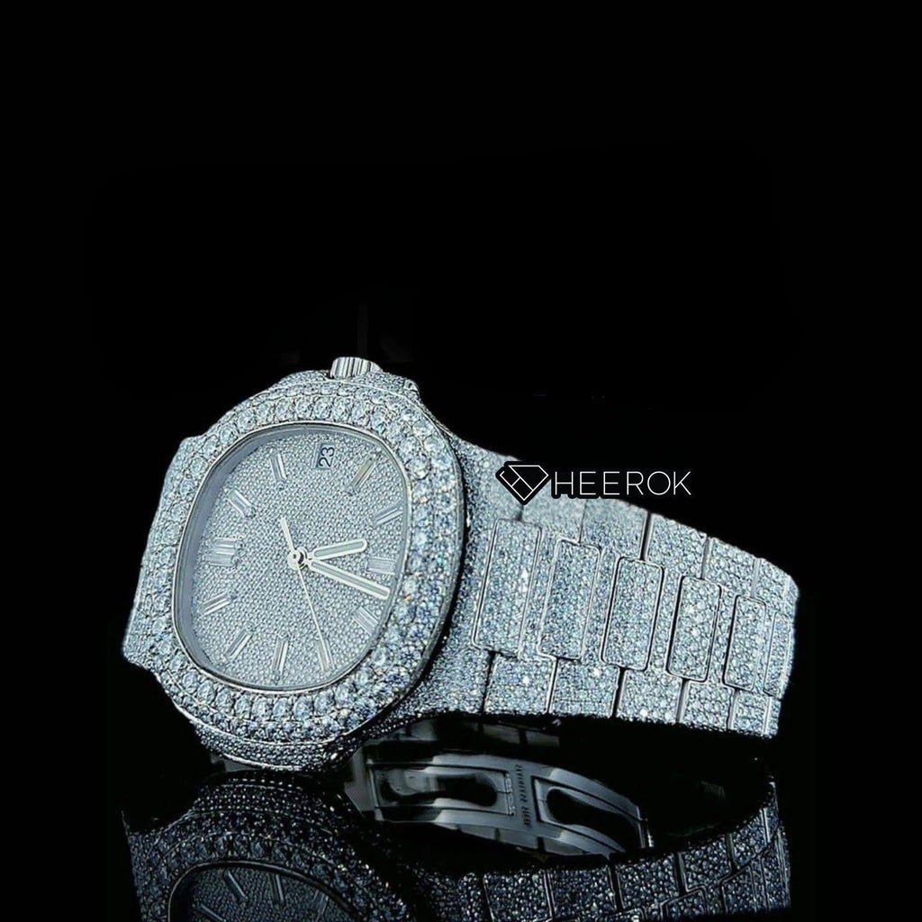 Patek Philippe Nautilus Full Pave Dial Baguette Diamond Hour Markers Diamond Bezel Fully Iced Moissanite Diamond