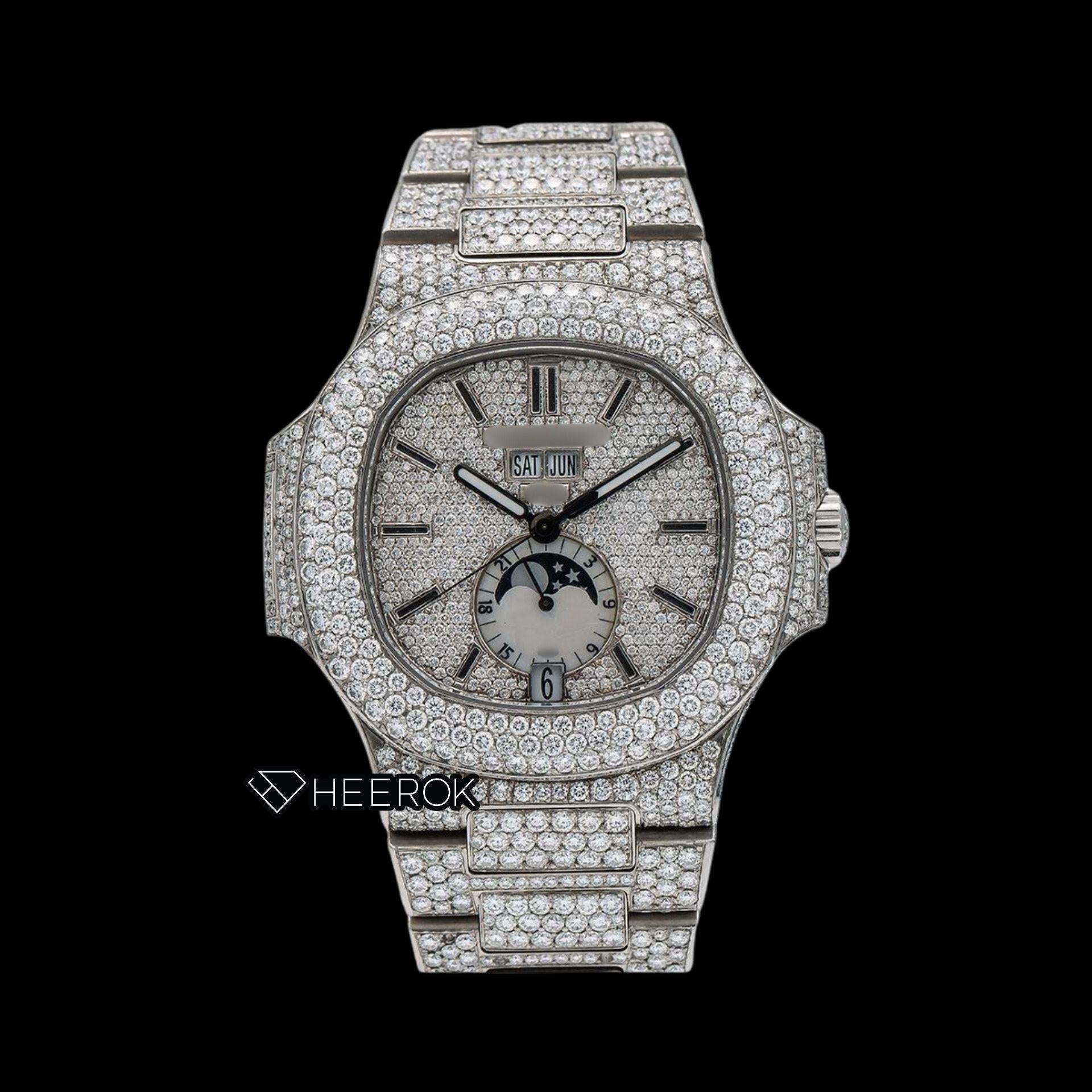 Patek Philippe Nautilus Full Pave Dial Black Stick Markers Diamond Bezel Fully Iced Moissanite Diamond