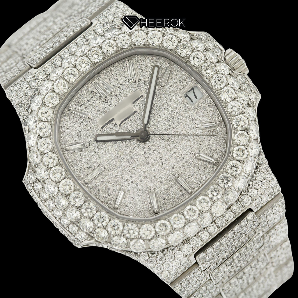 Patek Philippe Nautilus Full Pave White Dial Baguette Diamond Markers Diamond Bezel Fully Iced Moissanite Diamond Watch