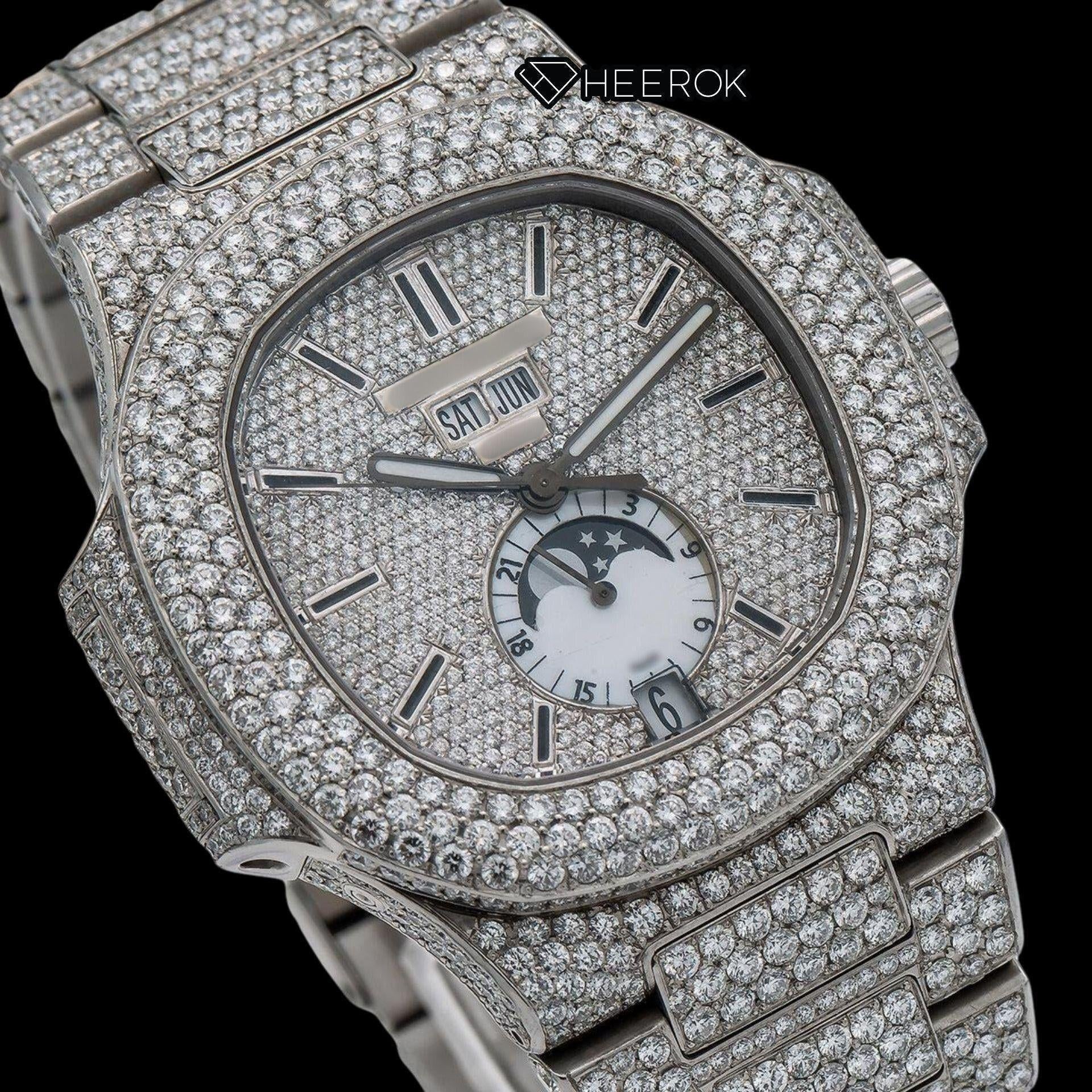 Patek Philippe Nautilus Moonphase Dial Black Stick Markers Diamond Bezel Fully Iced Moissanite Diamond