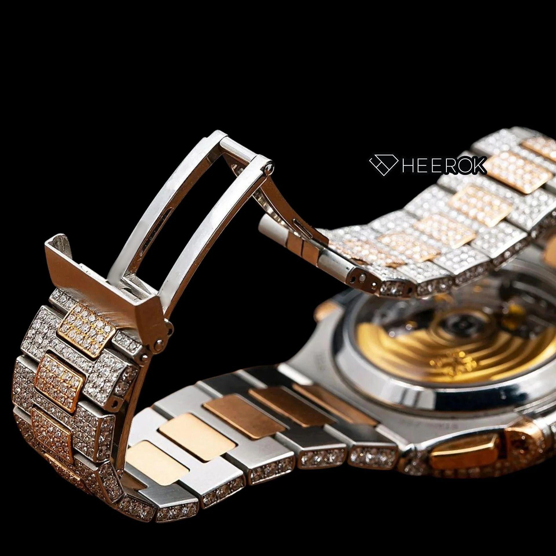 Patek Philippe Nautilus Rose Gold Dial Stick Markers Diamond Bezel Two Tone Rose Gold Moissanite Diamonds