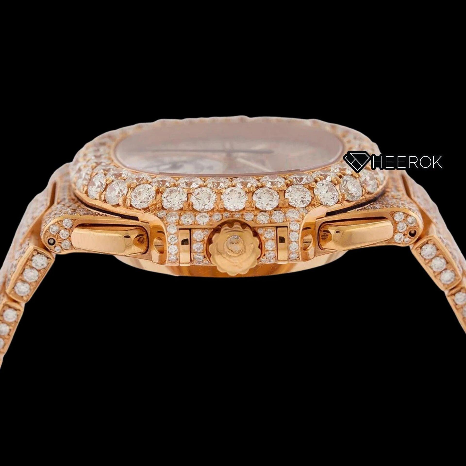 Patek Philippe Nautilus Rose Gold Full Pave Dial Large Round Diamond Bezel Fully Iced Moissanite Diamond